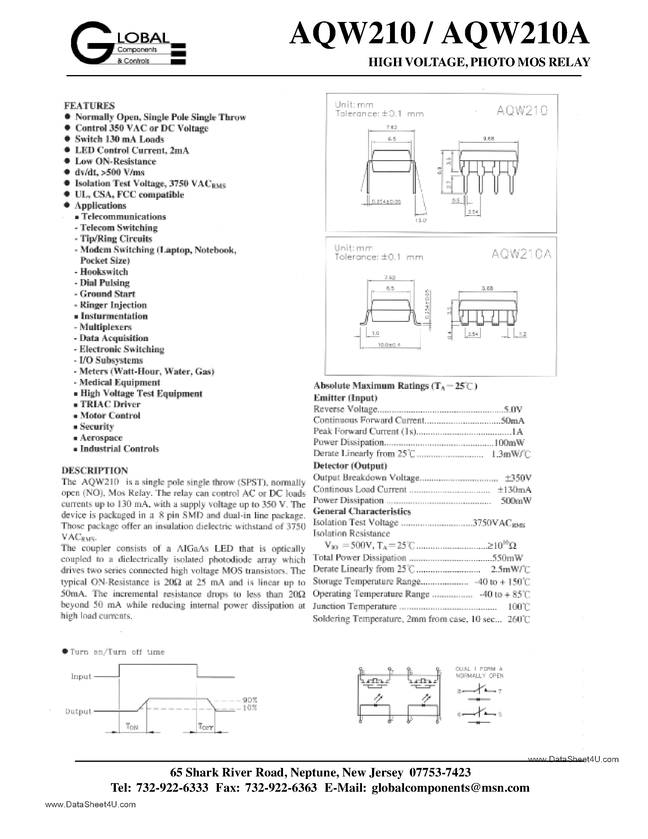 Datasheet AQW210 page 1 Datasheet AQW210 - High Voltage Photo MOS Relays page 1