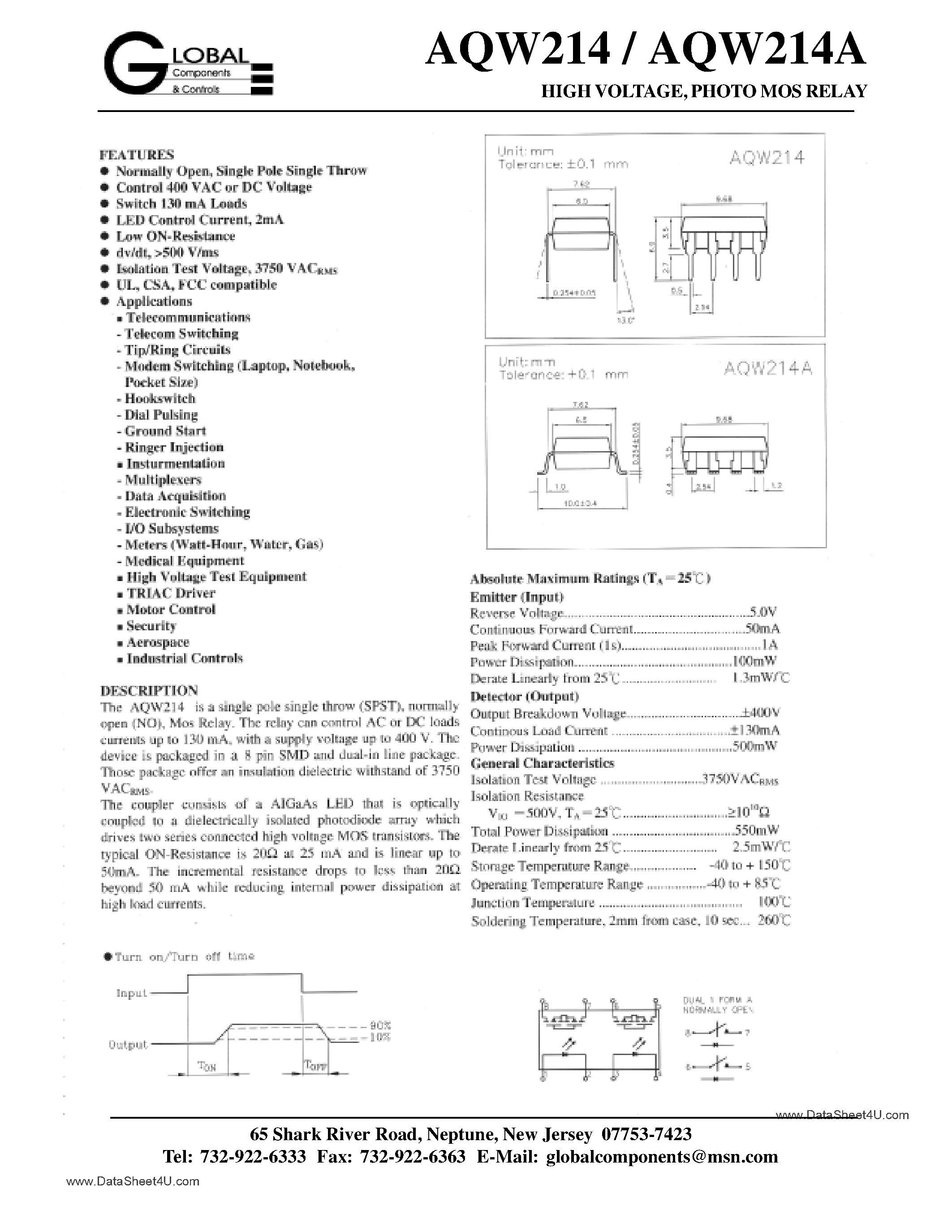 Datasheet AQW214 - High Voltage Photo MOS Relays page 1