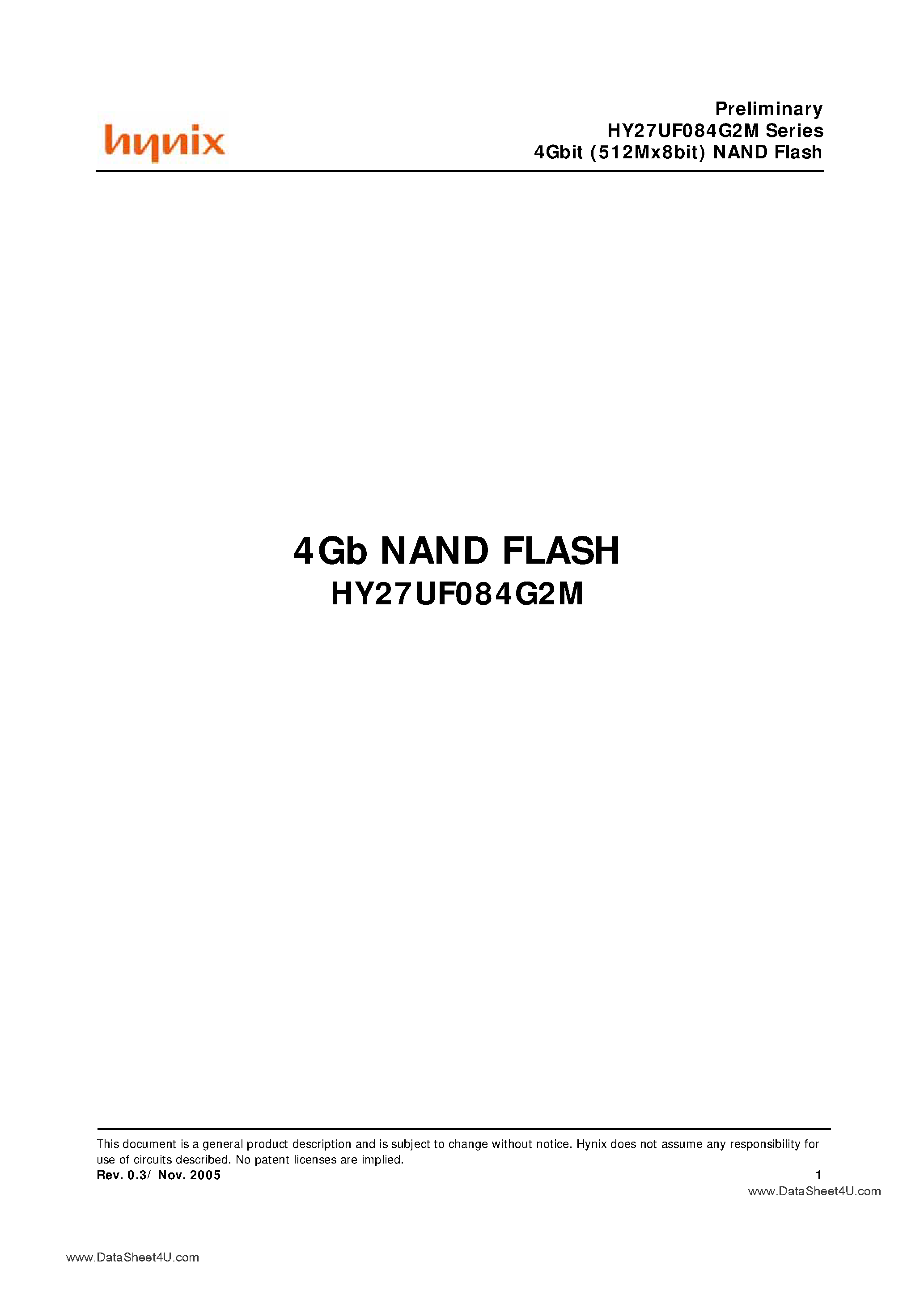 Даташит HY27UF084G2M - 4Gbit (512K x 8-Bit) NAND Flash страница 1