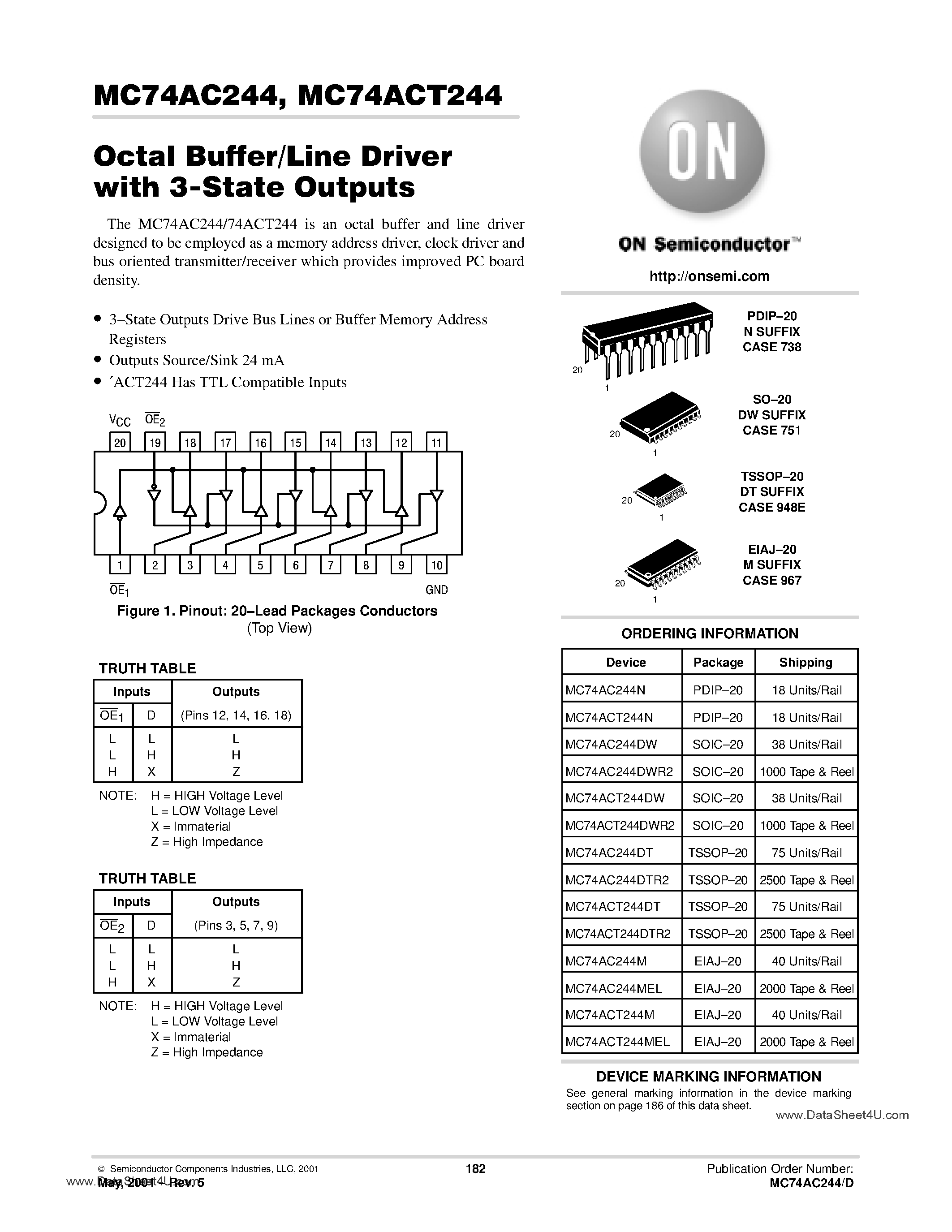 Даташит MC74AC244 - OCTAL BUFFER/LINE DRIVER WITH 3-STATE OUTPUTS страница 1