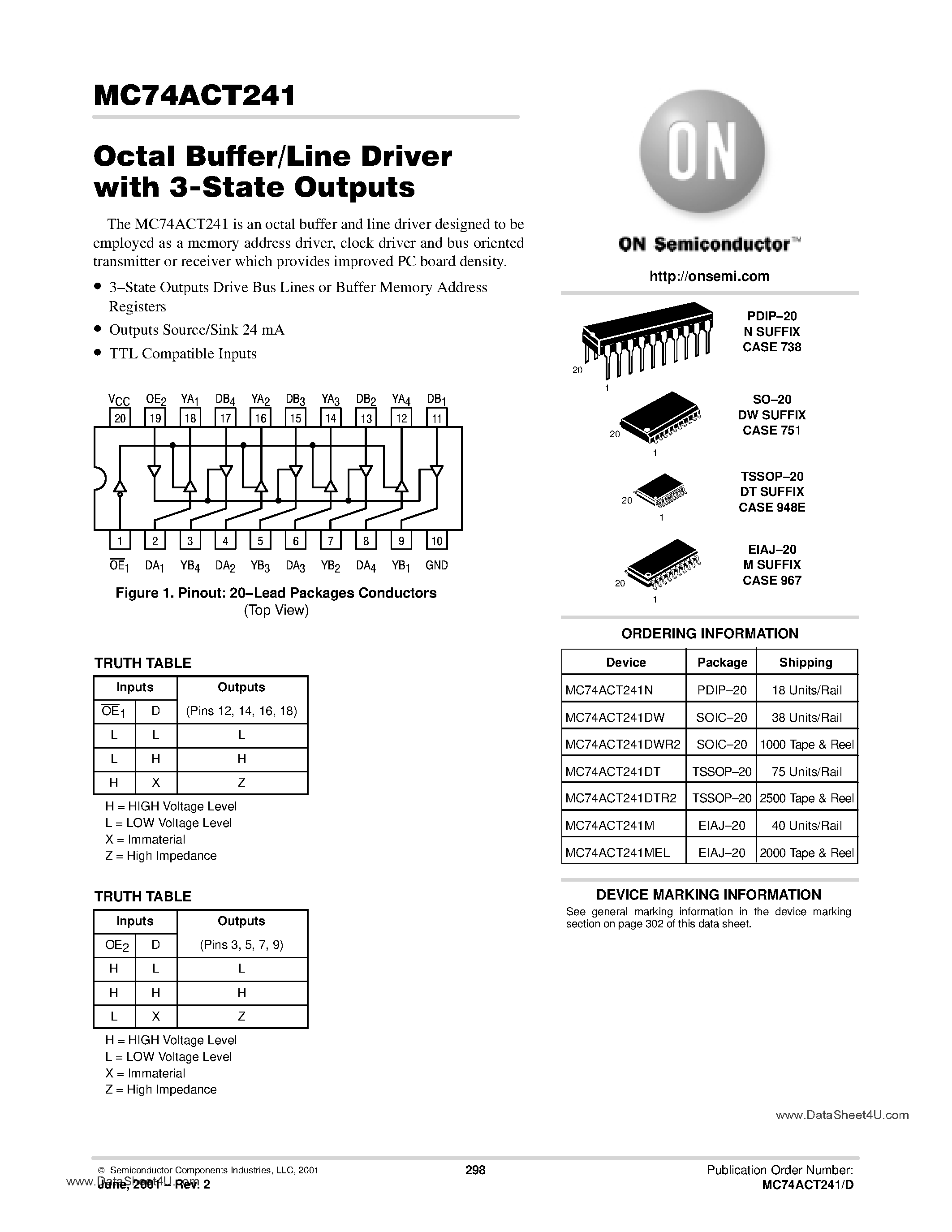Даташит MC74ACT241 - OCTAL BUFFER/LINE DRIVER WITH 3-STATE OUTPUTS страница 1