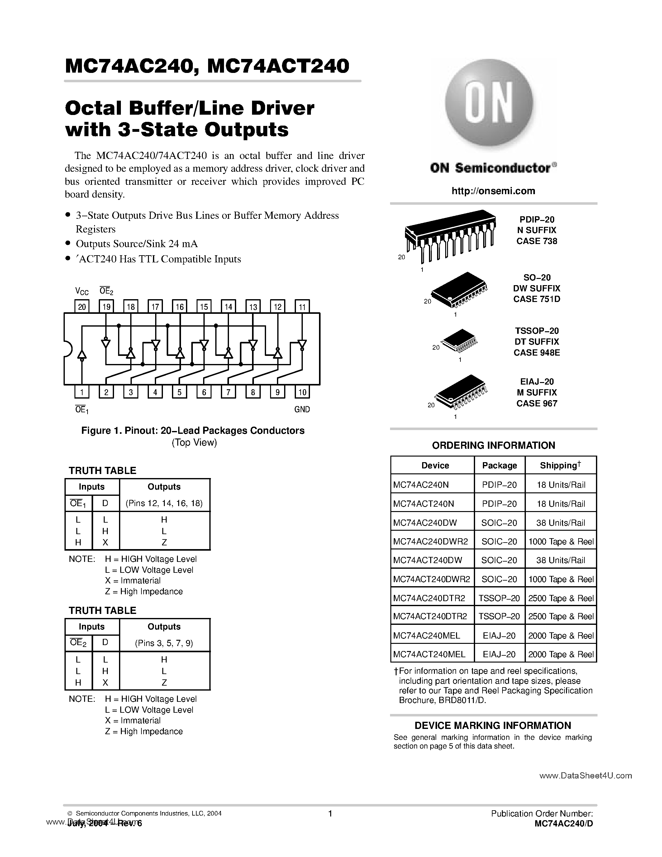 Даташит MC74AC240 - OCTAL BUFFER/LINE DRIVER WITH 3-STATE OUTPUTS страница 1