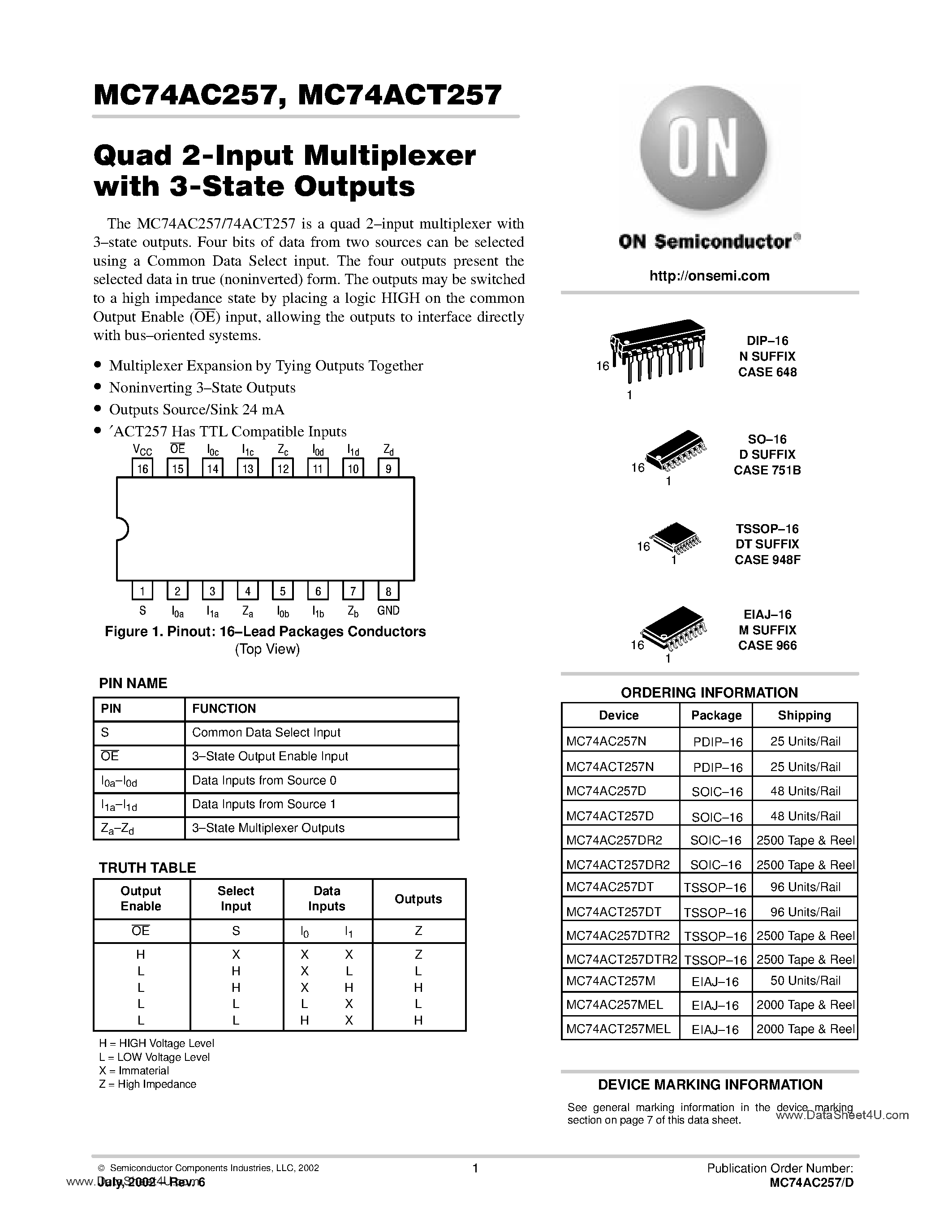 Даташит MC74AC257 - QUAD 2-INPUT MULTIPLEXER WITH 3-STATE OUTPUTS страница 1