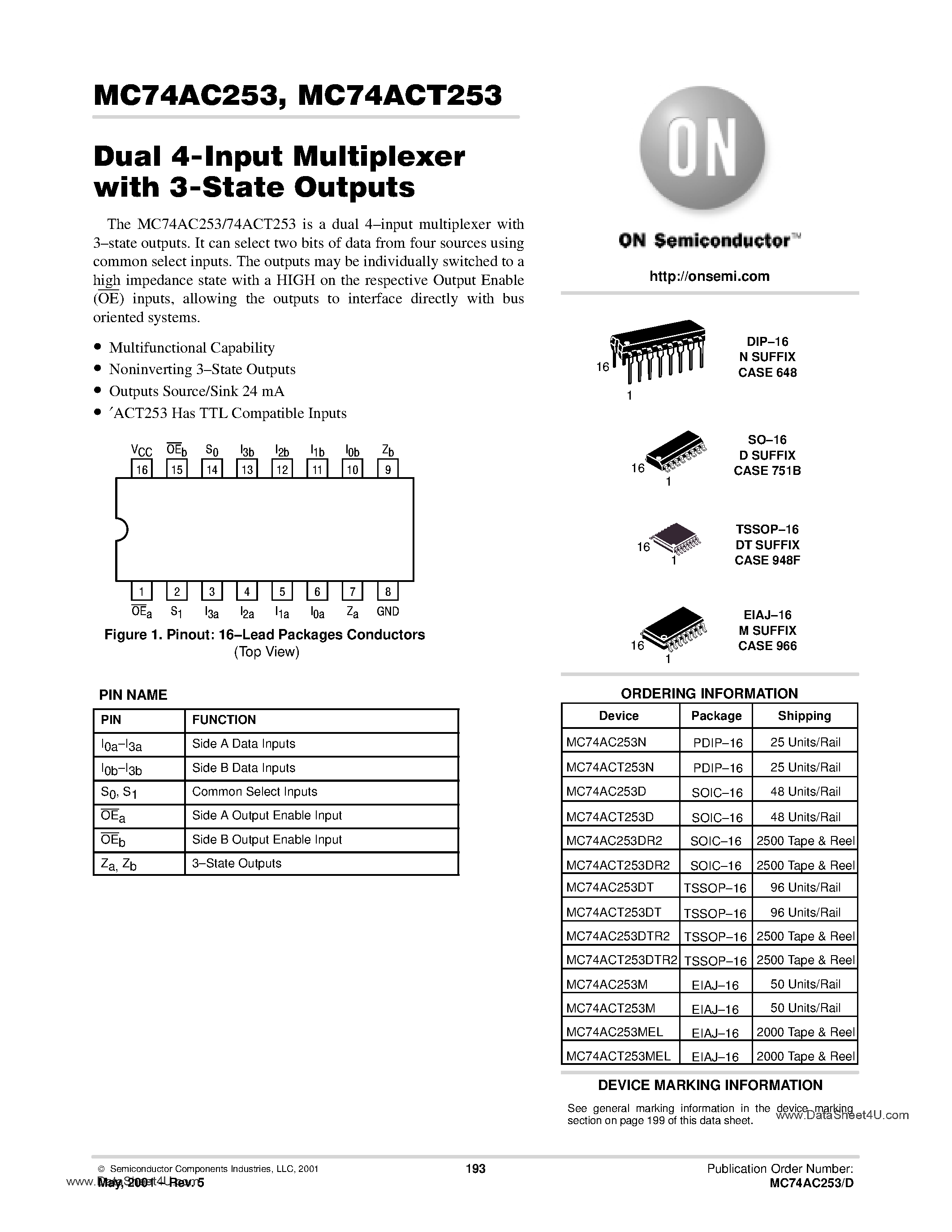 Datasheet MC74AC253 - DUAL 4-INPUT MULTIPLEXER WITH 3-STATE OUTPUTS page 1