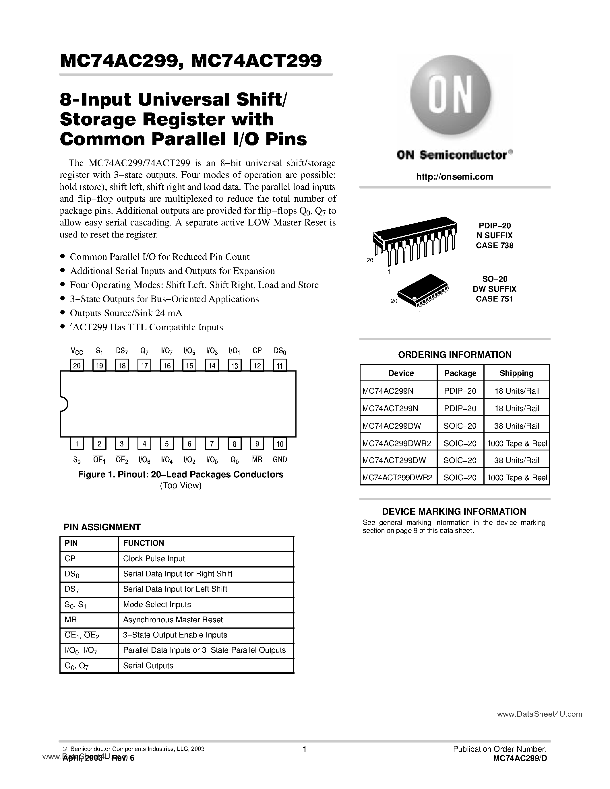 Даташит MC74AC299 - 8-Input Universal Shift/ Storage Register with Common Parallel I/O Pins страница 1