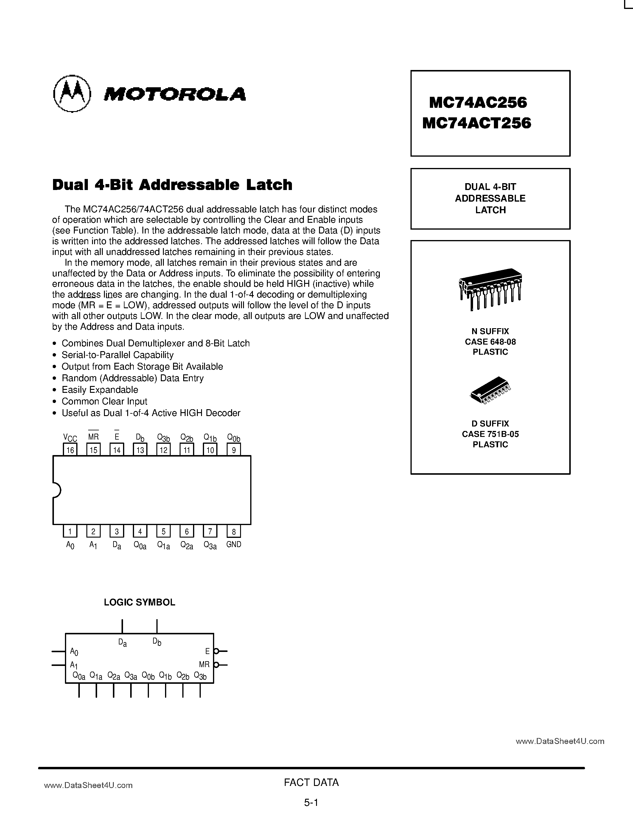 Datasheet MC74AC256 - DUAL 4-BIT ADDRESSABLE LATCH page 1