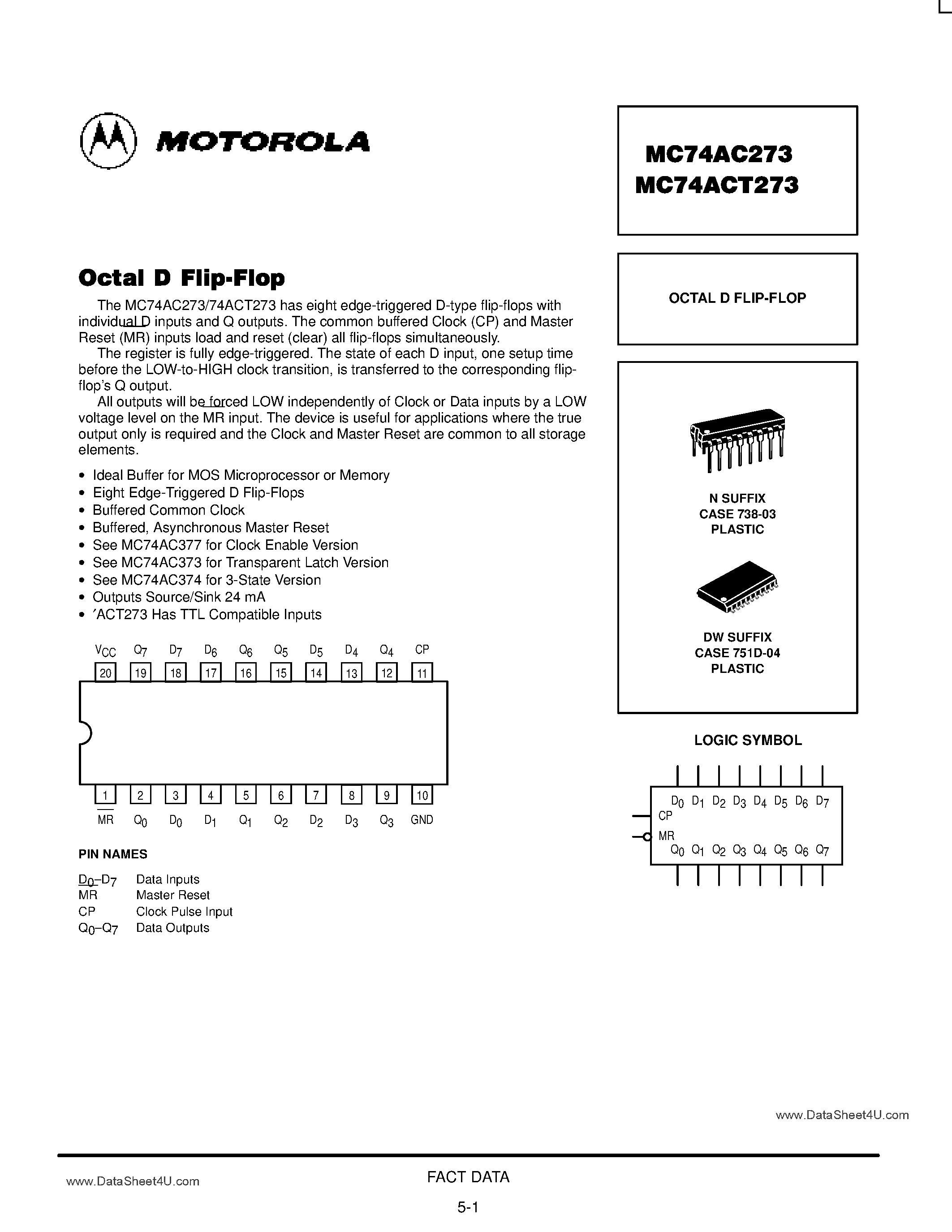 Даташит MC74AC273 - OCTAL D FLIP-FLOP страница 1