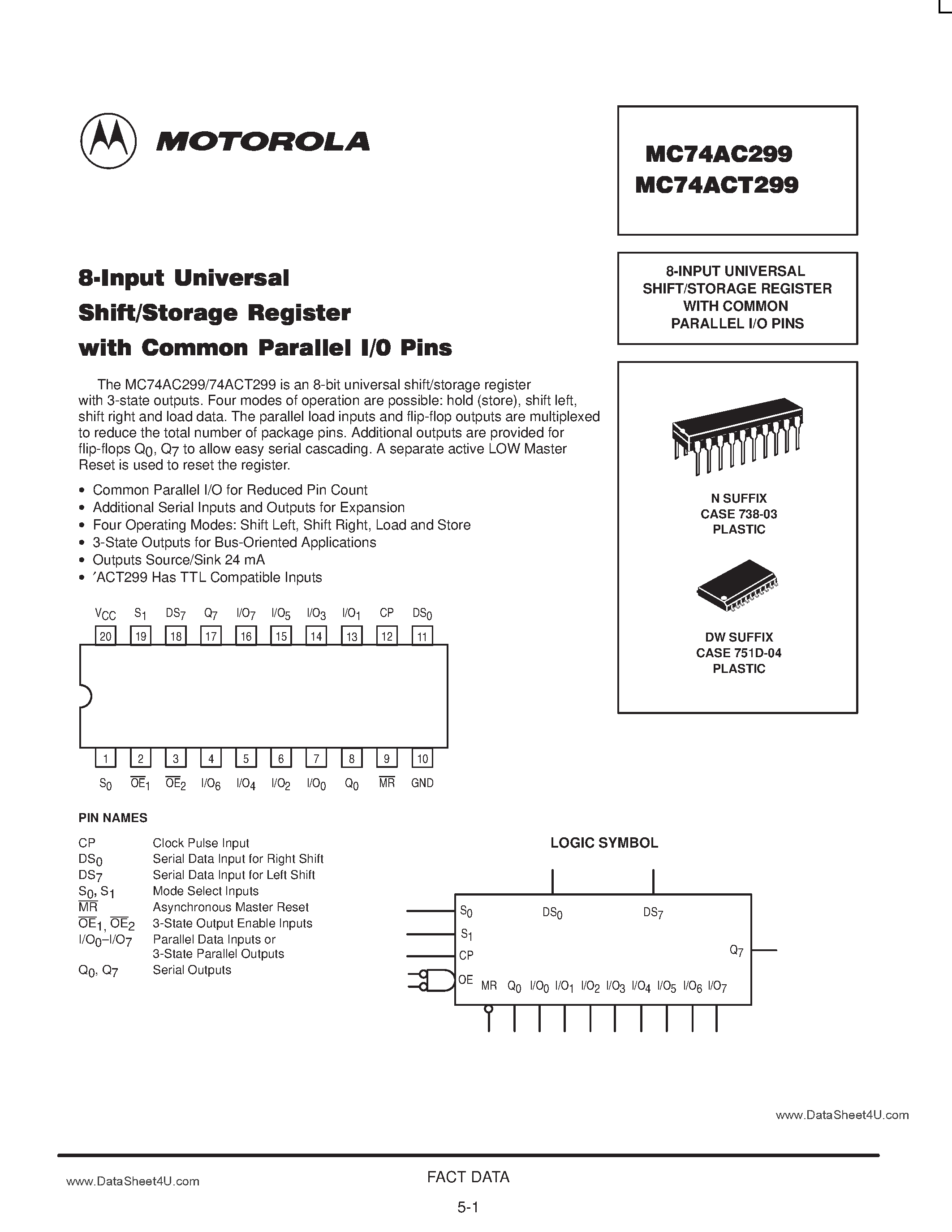 Даташит MC74AC299 - 8-Input Universal Shift/Storage Register with Common Parallel I/O Pins страница 1