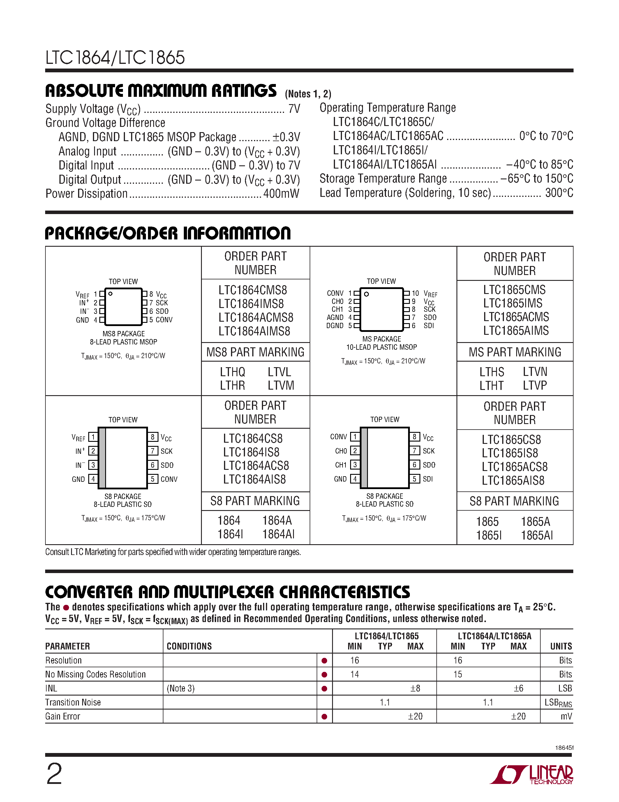 Даташит LTC1864 - (LTC1864 / LTC1865) 16-Bit 1/2-Channel 250ksps ADCs страница 2