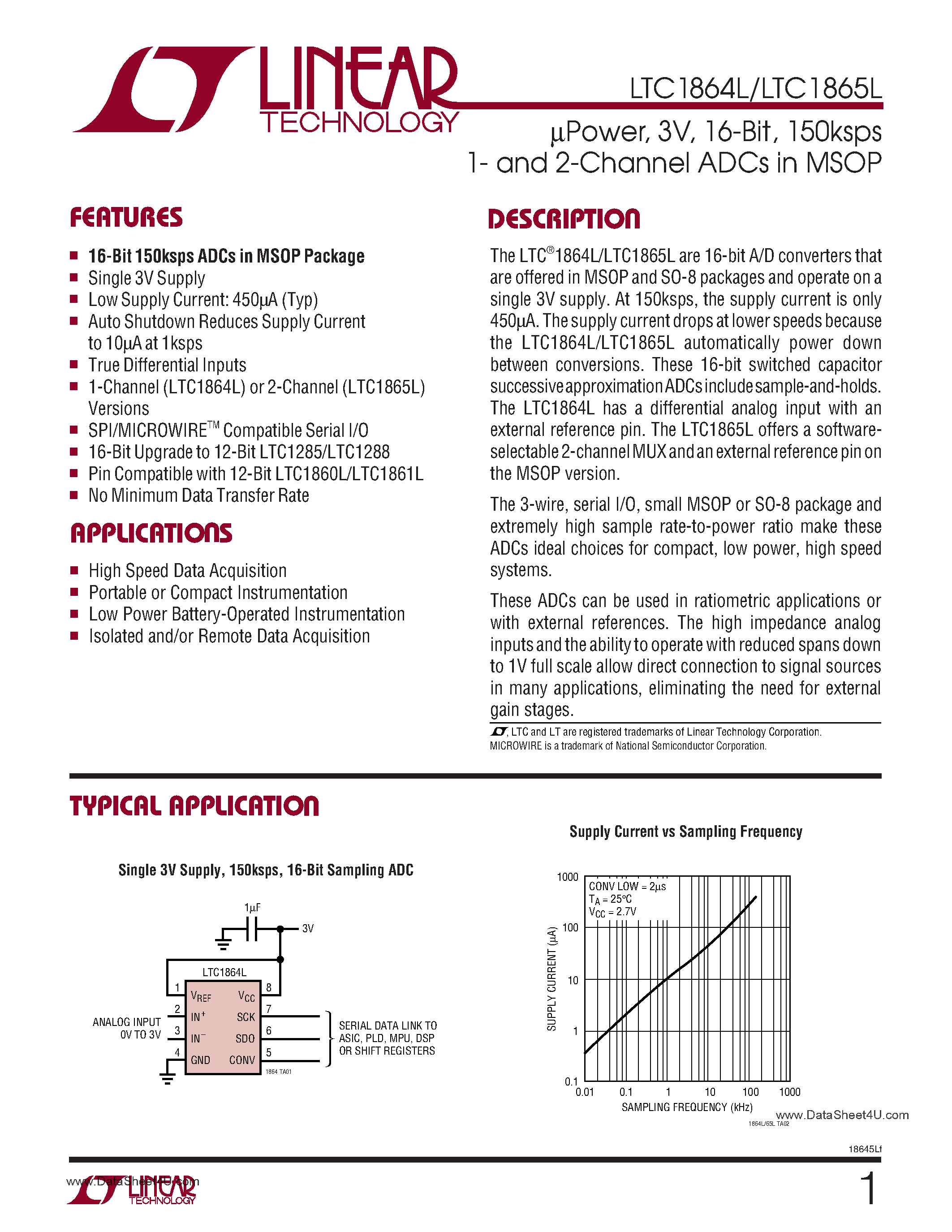 Даташит LTC1864L - (LTC1864L / LTC1865L) 16-Bit 1/2-Channel 150ksps ADCs страница 1