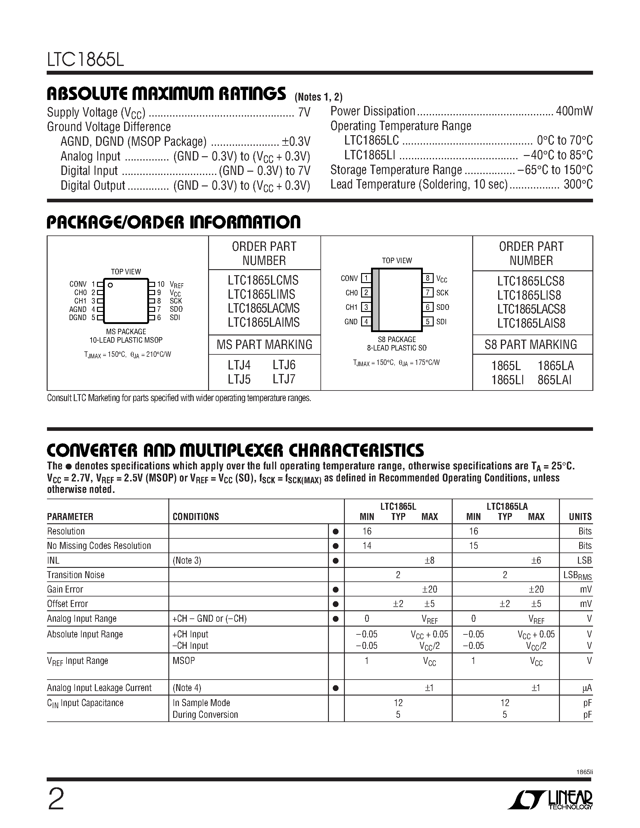 Даташит LTC1865L - 16-Bit 2-Channel 150ksps ADCs страница 2