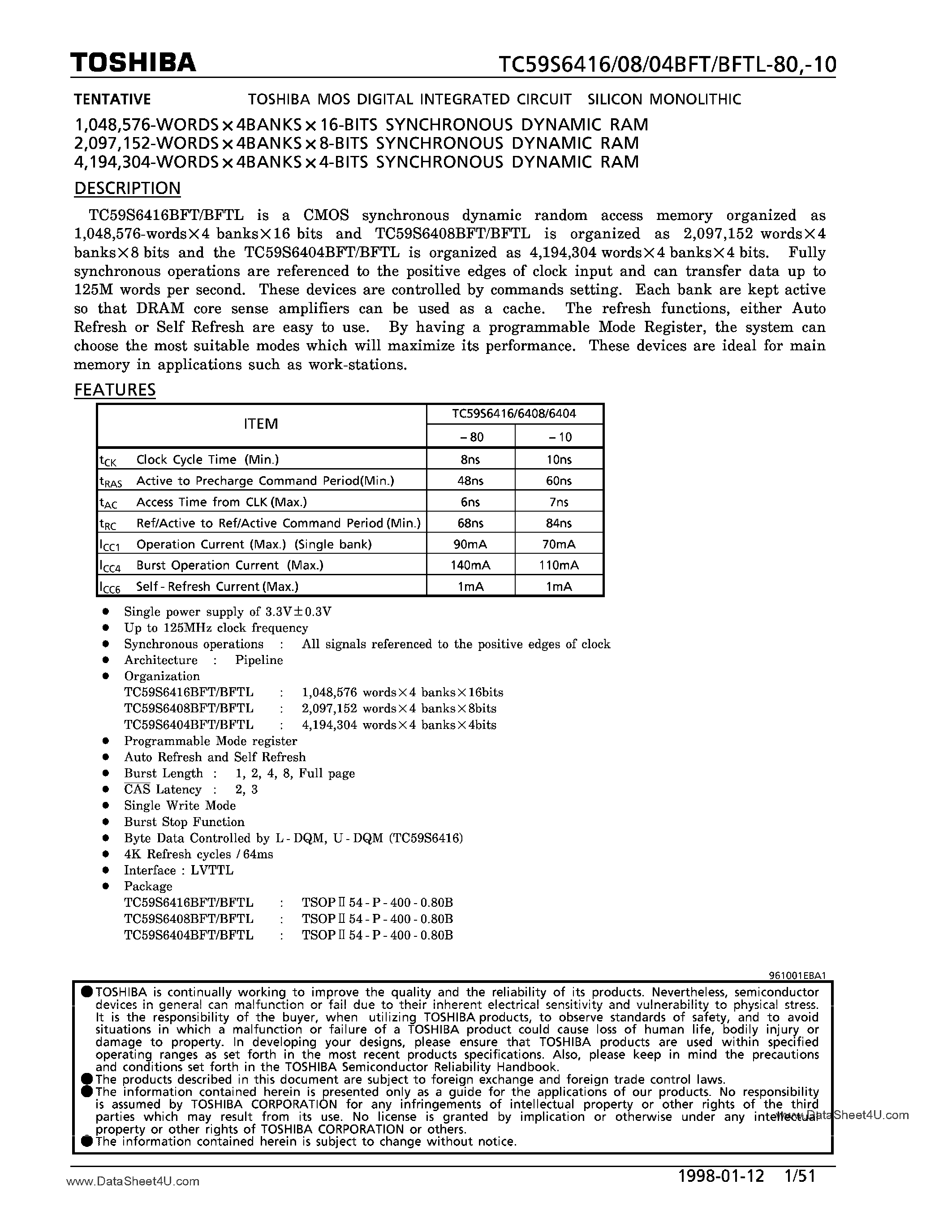 Даташит на микросхему TC59S6408BFT страница 1 Даташит TC59S6408BFT - (TC59S6404/08/16BFTx) 64m CMOS Sdram страница 1