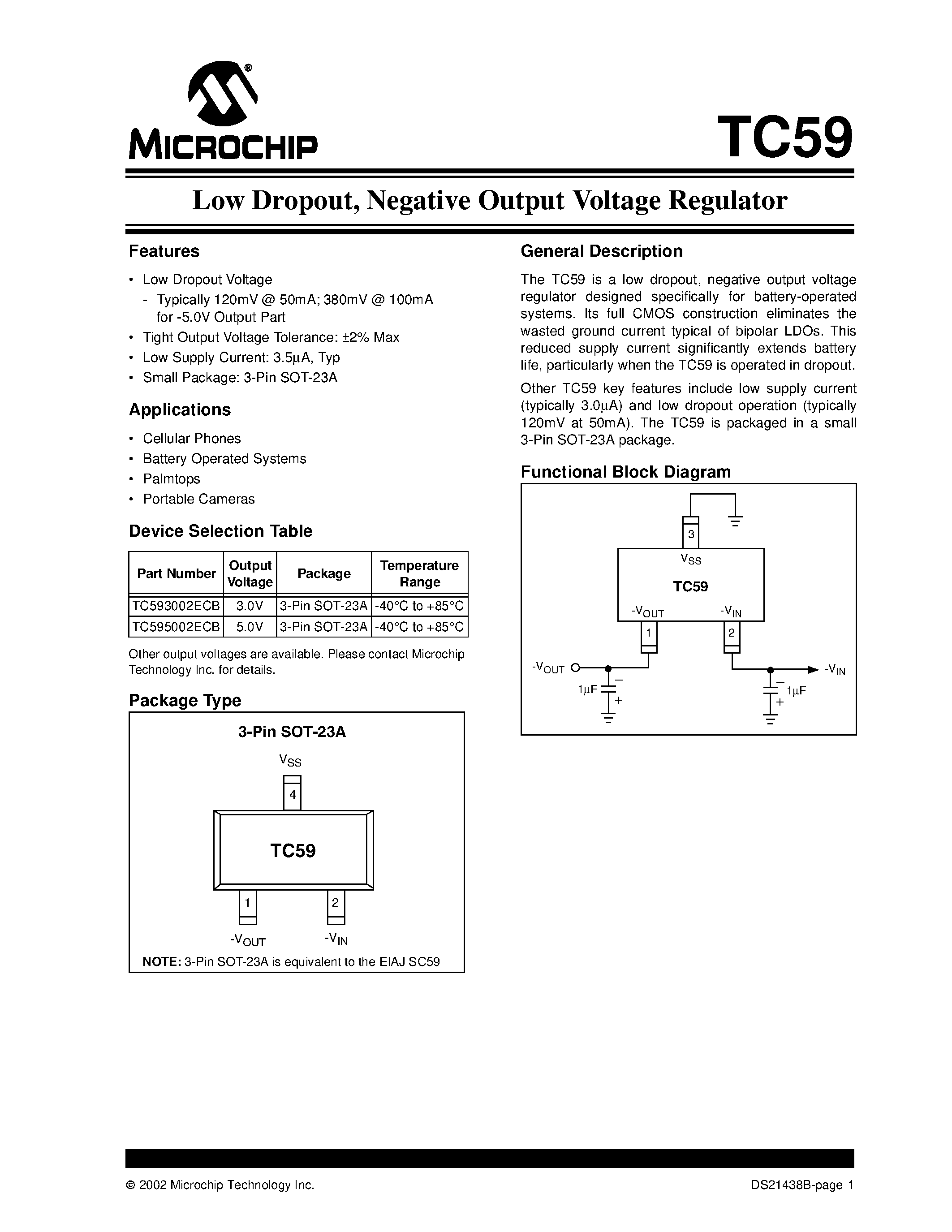 Datasheet TC59 page 1 Datasheet TC59 - Low Dropout / Negative Output Voltage Regulator Designed Specifically page 1