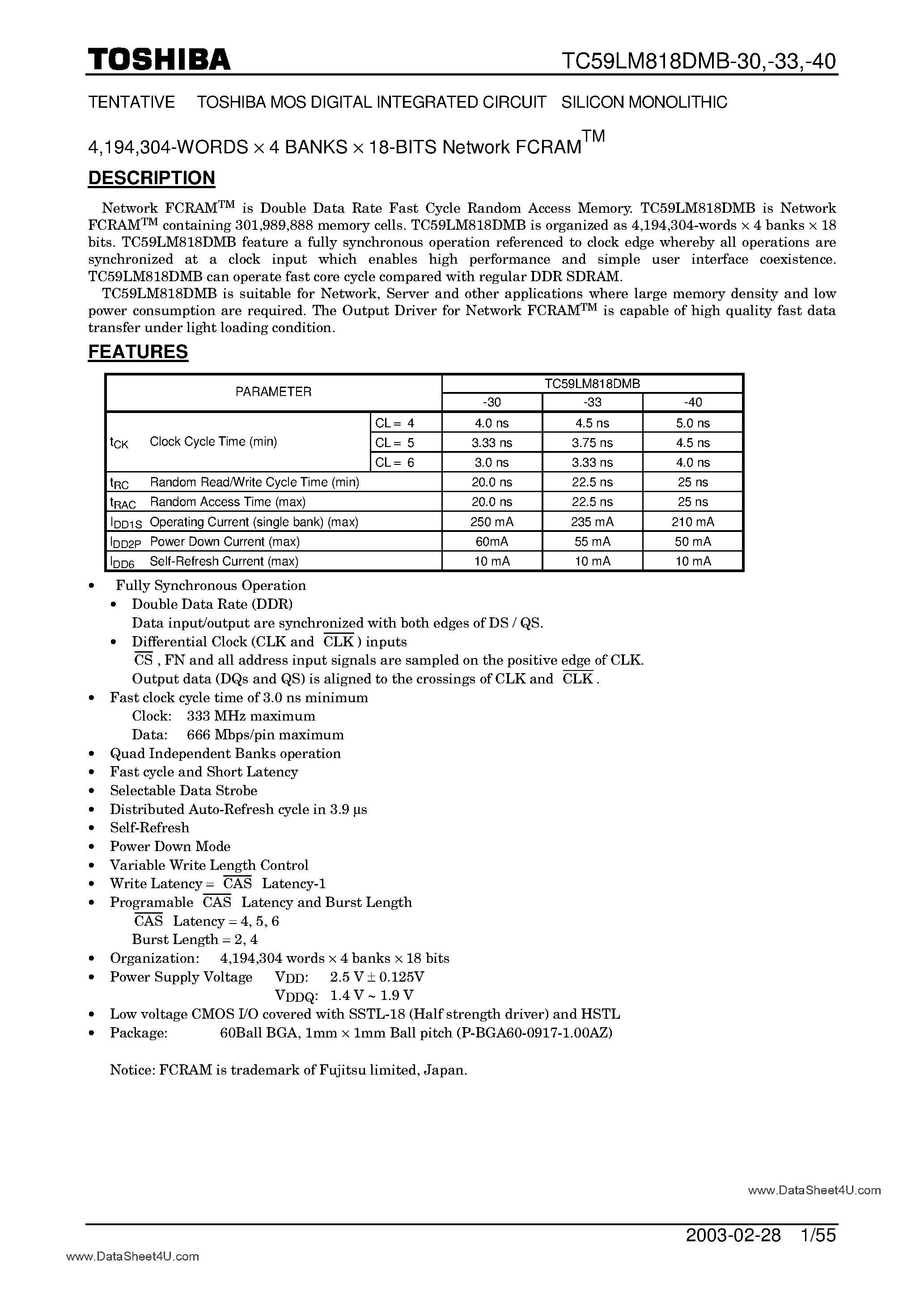 Datasheet TC59LM818DMB page 1 Datasheet TC59LM818DMB - Network FCRAM page 1