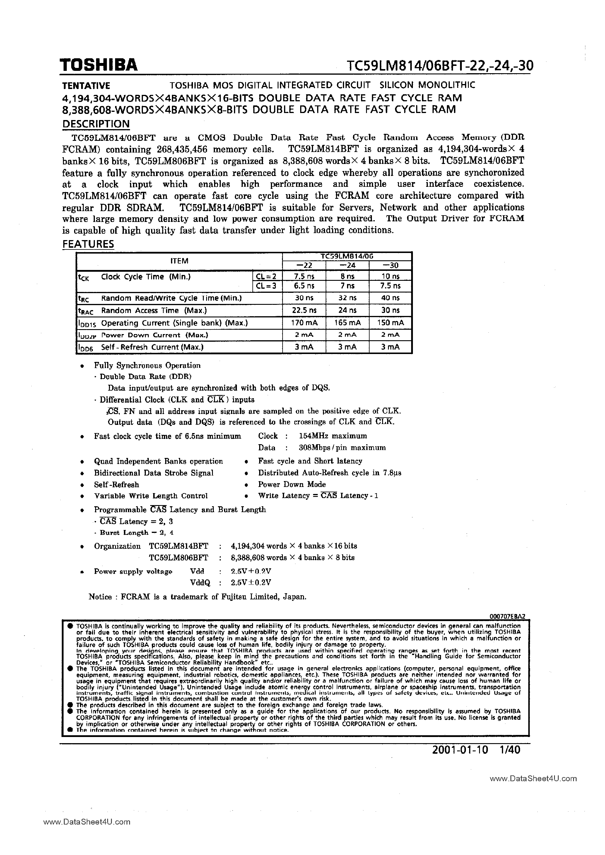 Datasheet TC59LM806BFT page 1 Datasheet TC59LM806BFT - (TC59LM806BFT / TC59LM814BFT) Double Data Fast Cycle RAM page 1