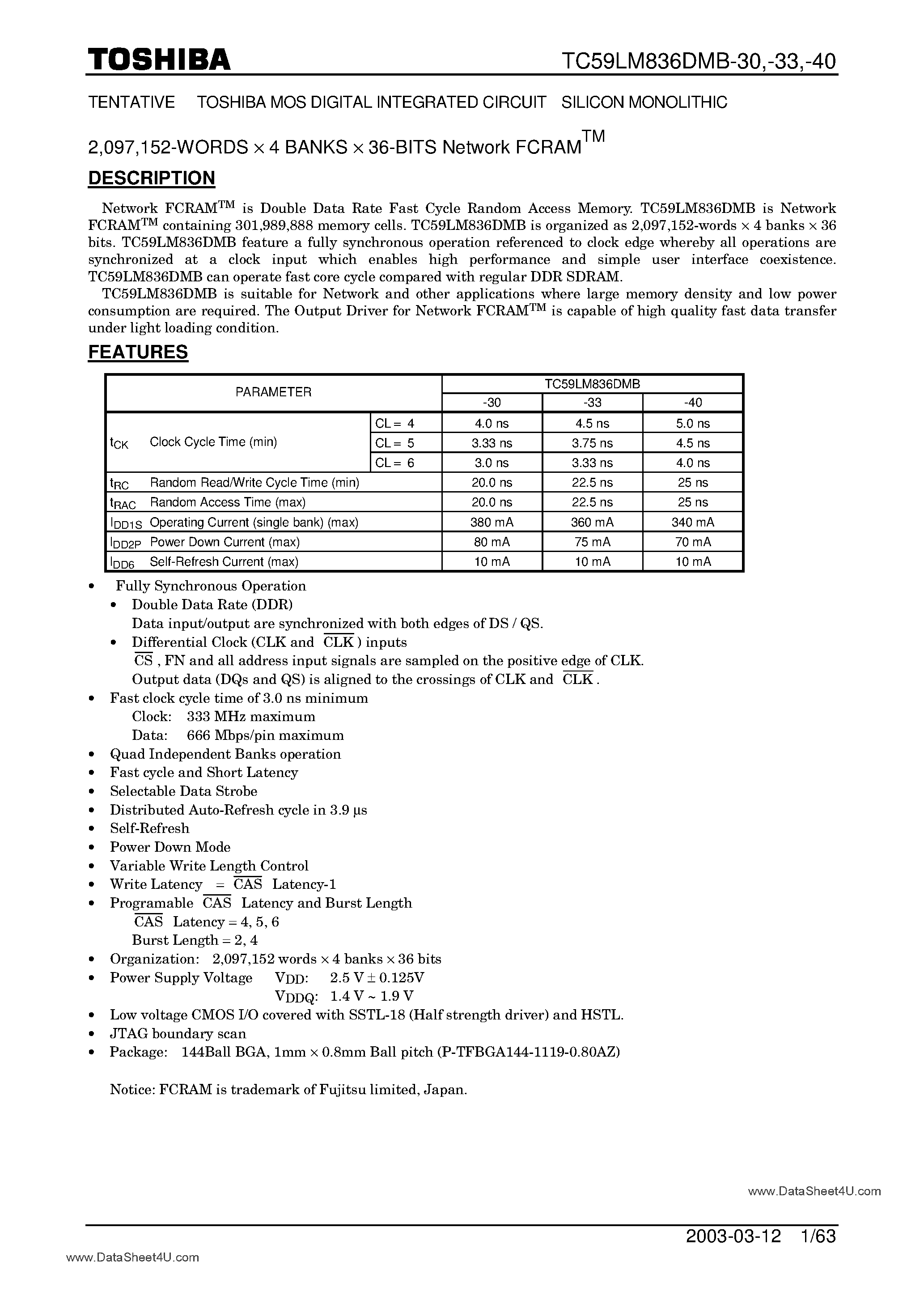 Datasheet TC59LM836DMB page 1 Datasheet TC59LM836DMB - Network FCRAM page 1