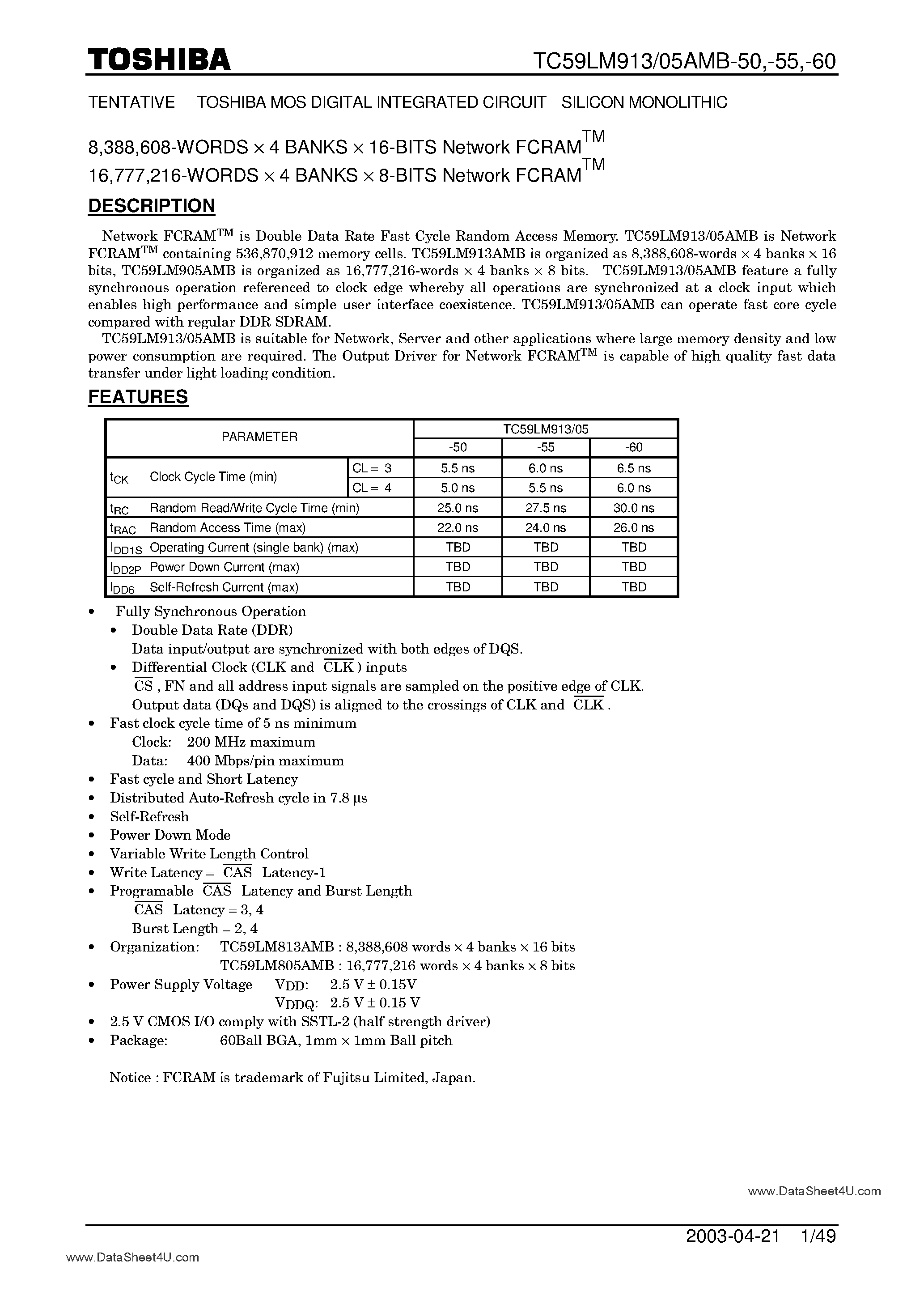 Datasheet TC59LM905AMB page 1 Datasheet TC59LM905AMB - (TC59LM905AMB / TC59LM913AMB) Network FCRAM page 1