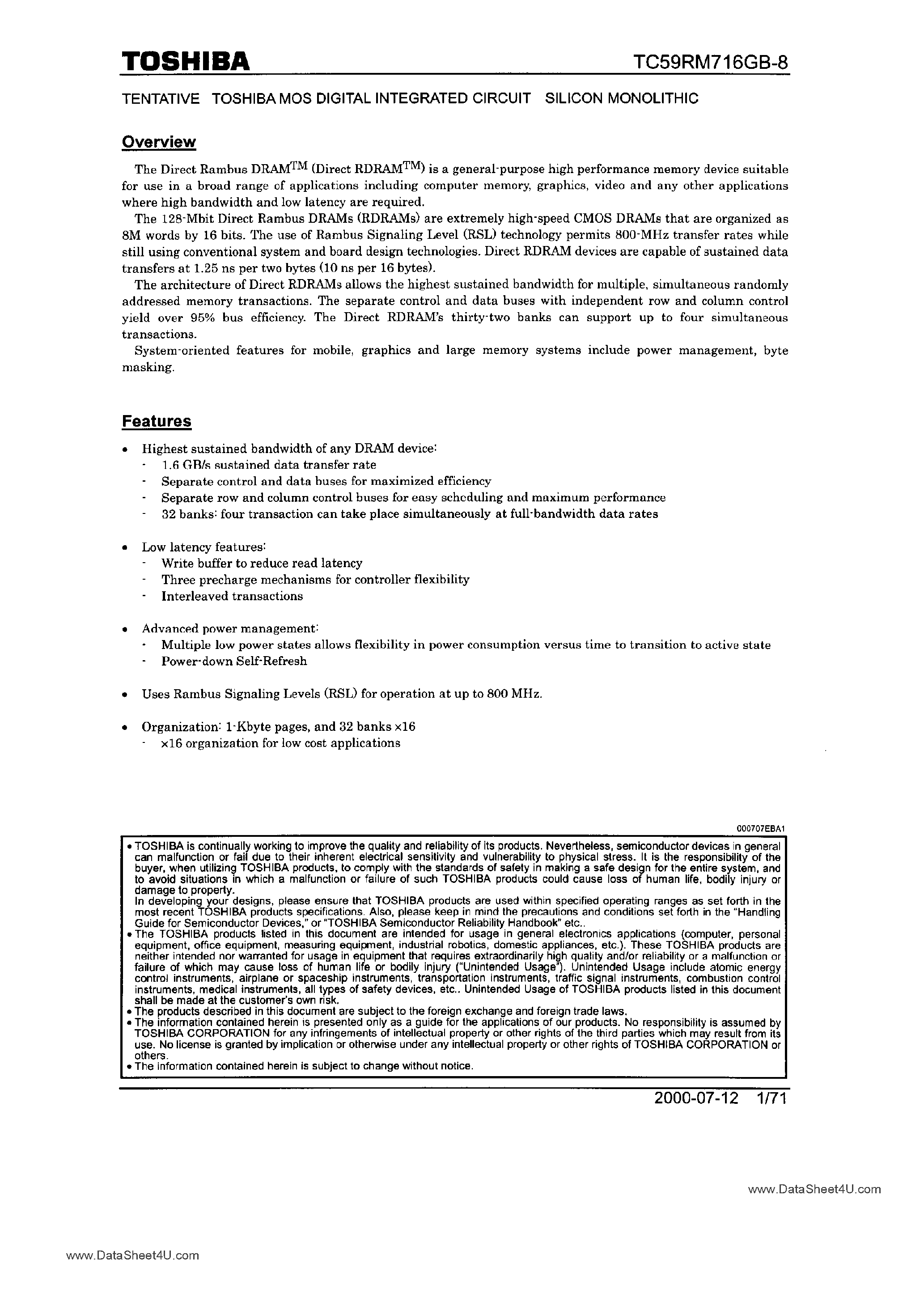 Datasheet TC59RM716GB-8 page 1 Datasheet TC59RM716GB-8 - MOS Digital Integrated Circuit Silicon Monolithic page 1