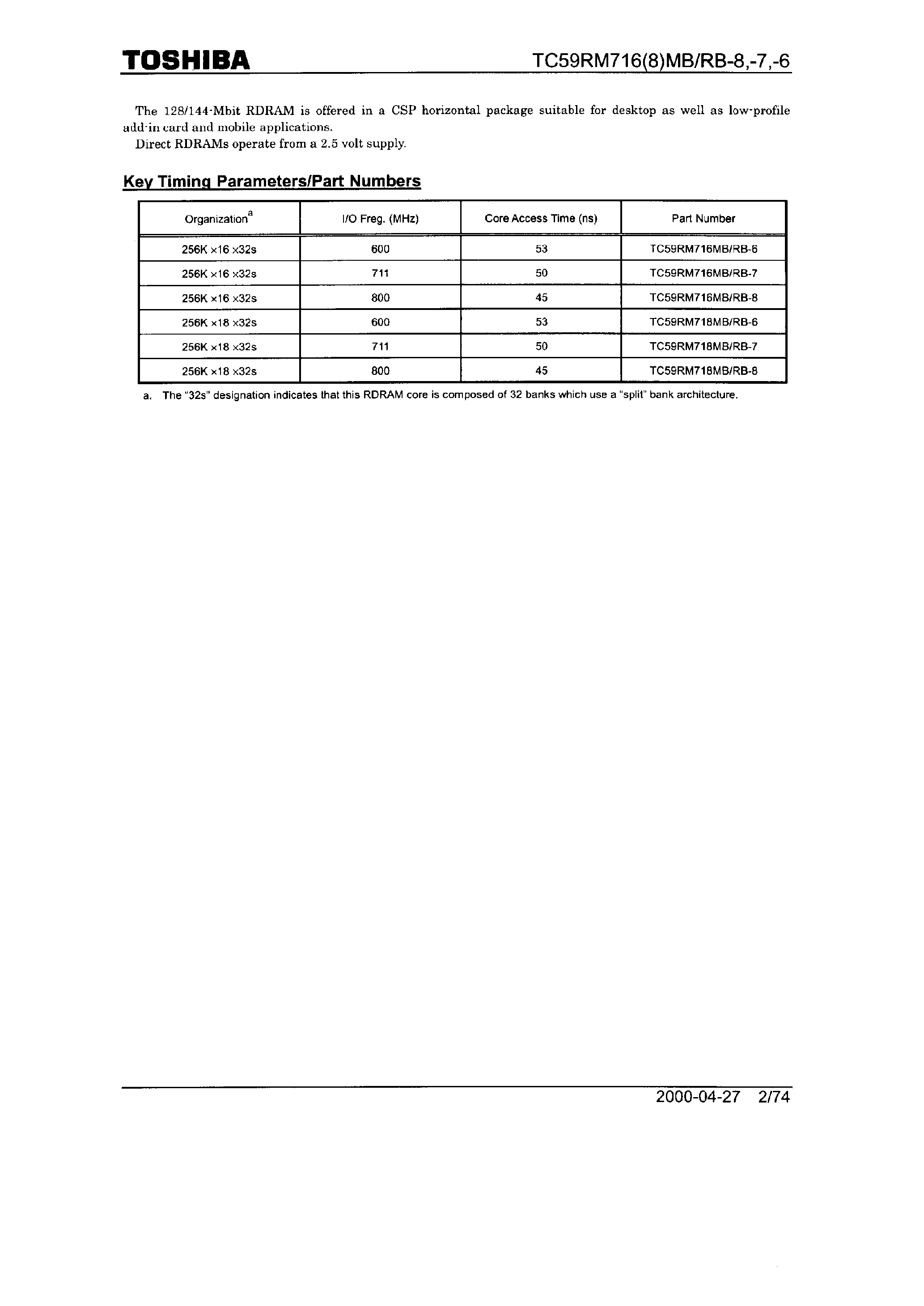 Datasheet TC59RM716MB page 2 Datasheet TC59RM716MB - (TC59RM716MB/RB / TC59RM718MB/RB) MOS Digital Integrated Circuit Silicon Monolithic page 2