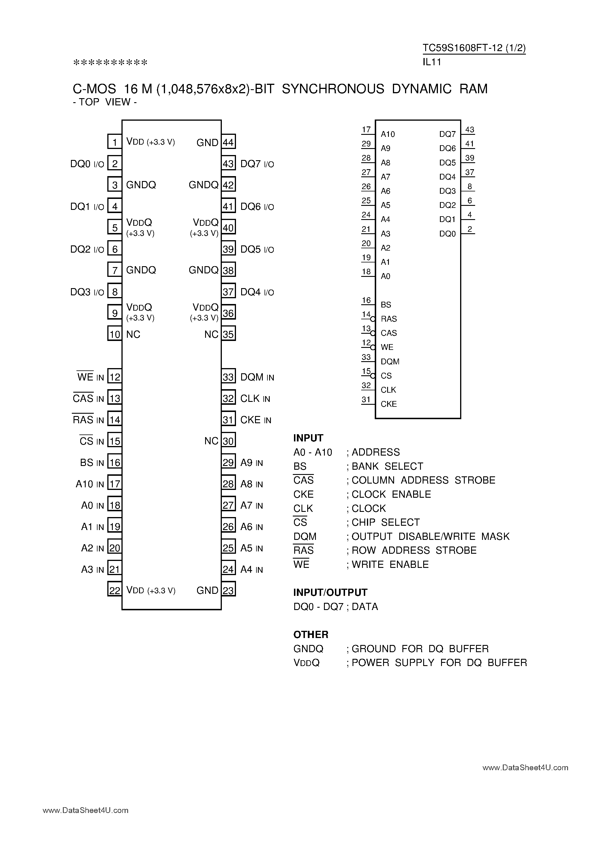 Datasheet TC59S1608FT-12 page 1 Datasheet TC59S1608FT-12 - CMOS 16M-bit Synchronous DRAM page 1