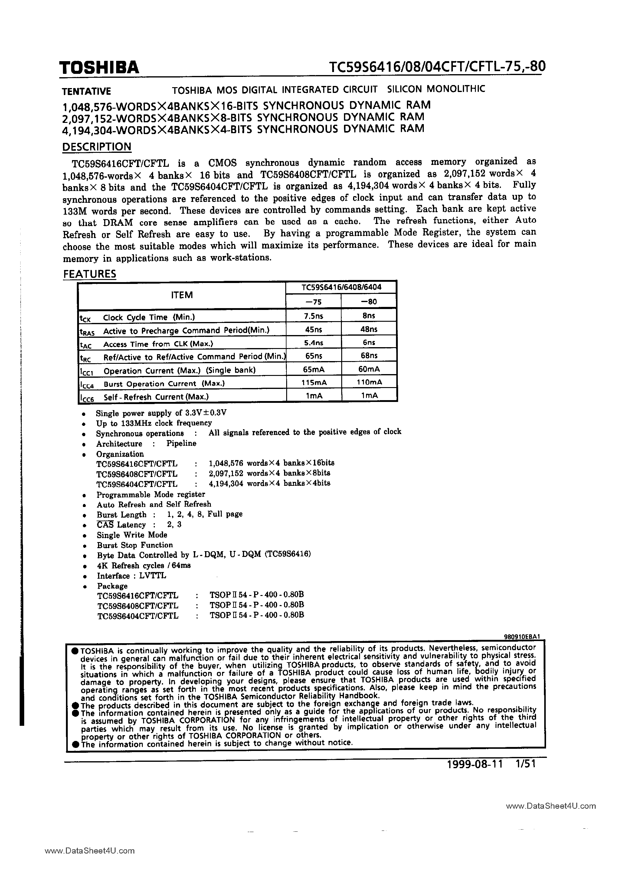 Datasheet TC59S6404CFT page 1 Datasheet TC59S6404CFT - (TC59S6404/08/16CFTx) SDRAM page 1