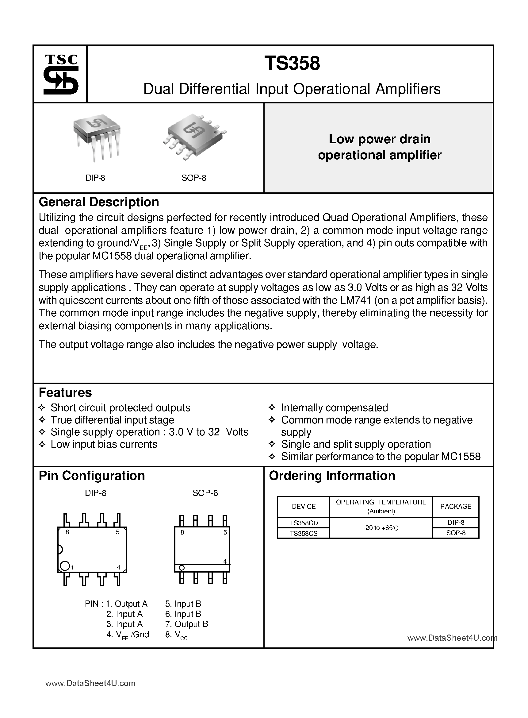 Даташит на микросхему TS358 страница 1 Даташит TS358 - Dual Operating Amplifier страница 1