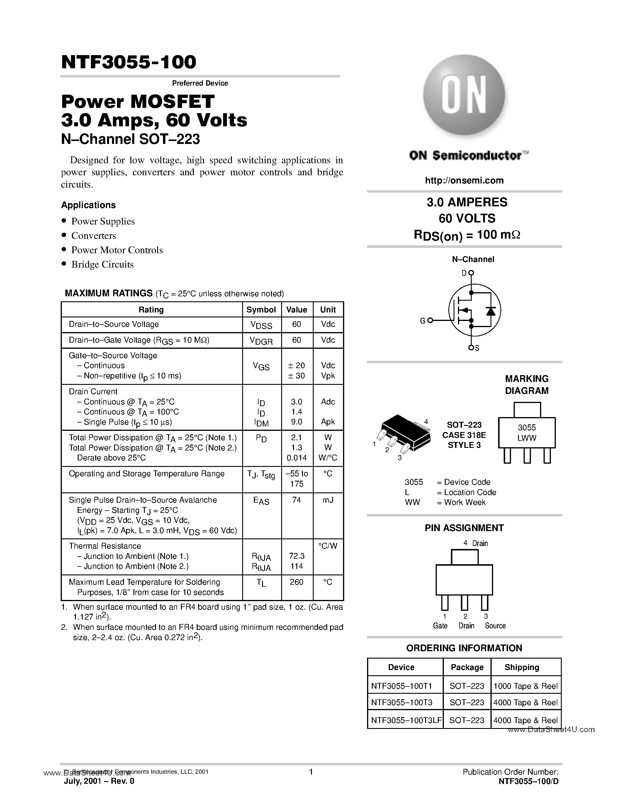 Datasheet NTF3055-100 - Power MOSFET 3 Amp page 1