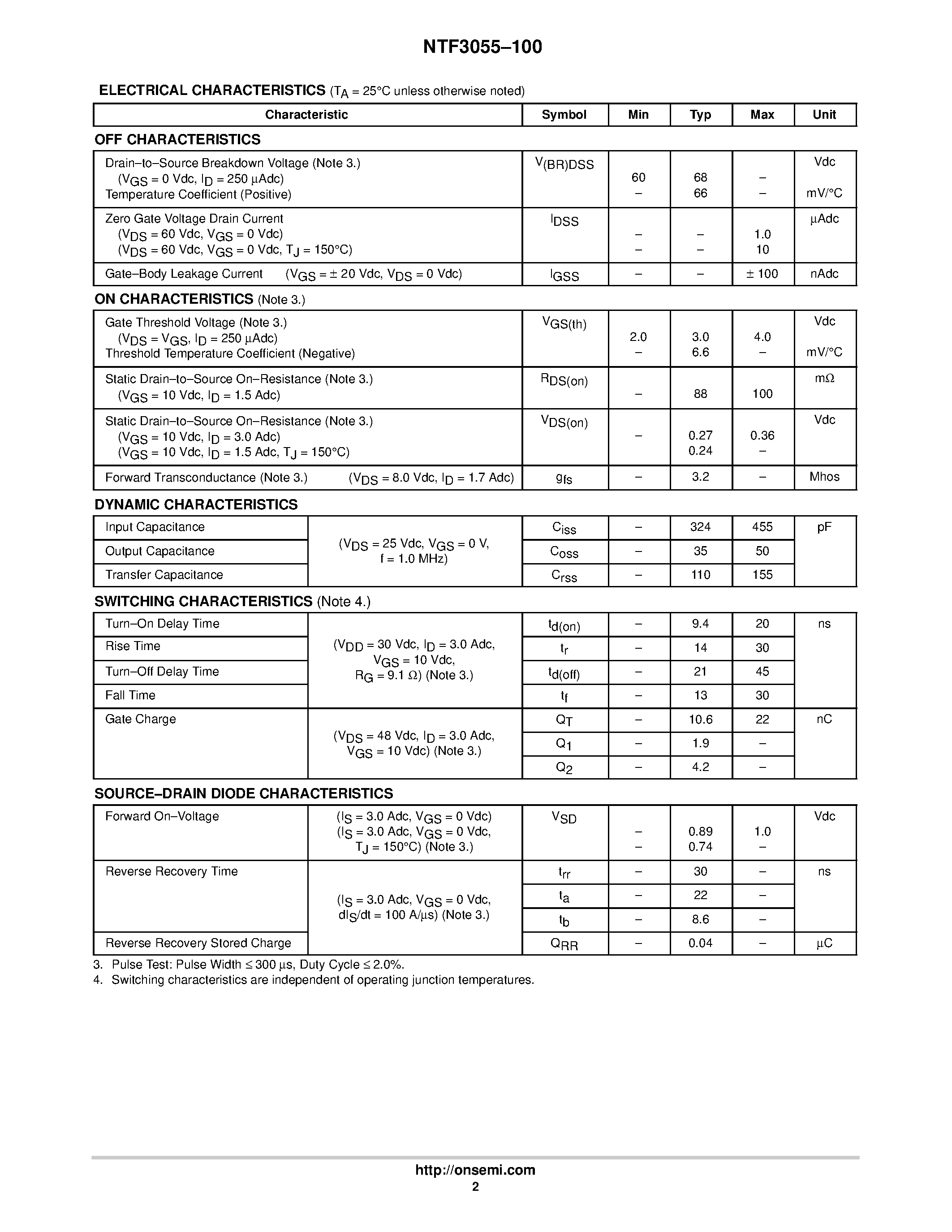 Datasheet NTF3055-100 - Power MOSFET 3 Amp page 2