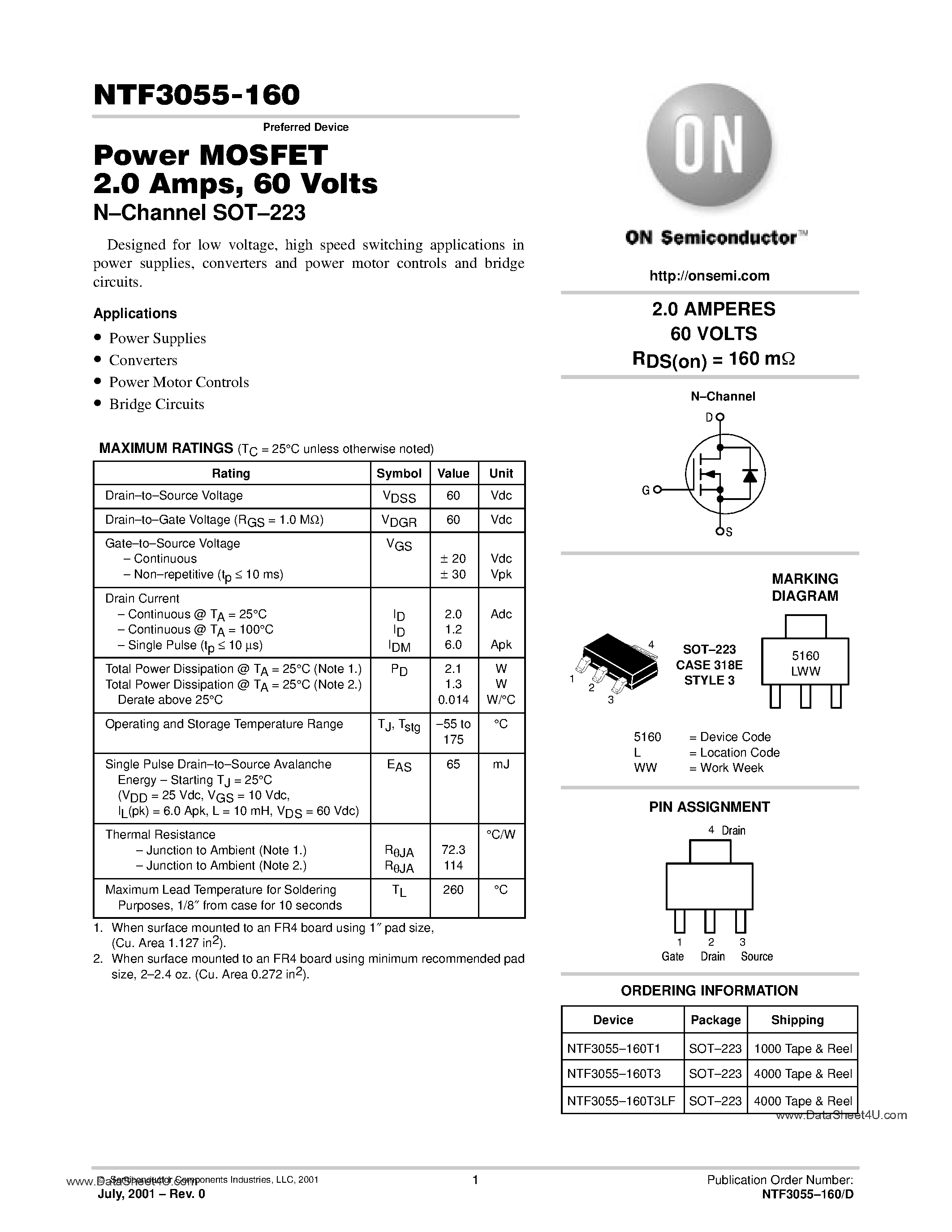 Datasheet NTF3055-160 - Power MOSFET 2 Amp page 1