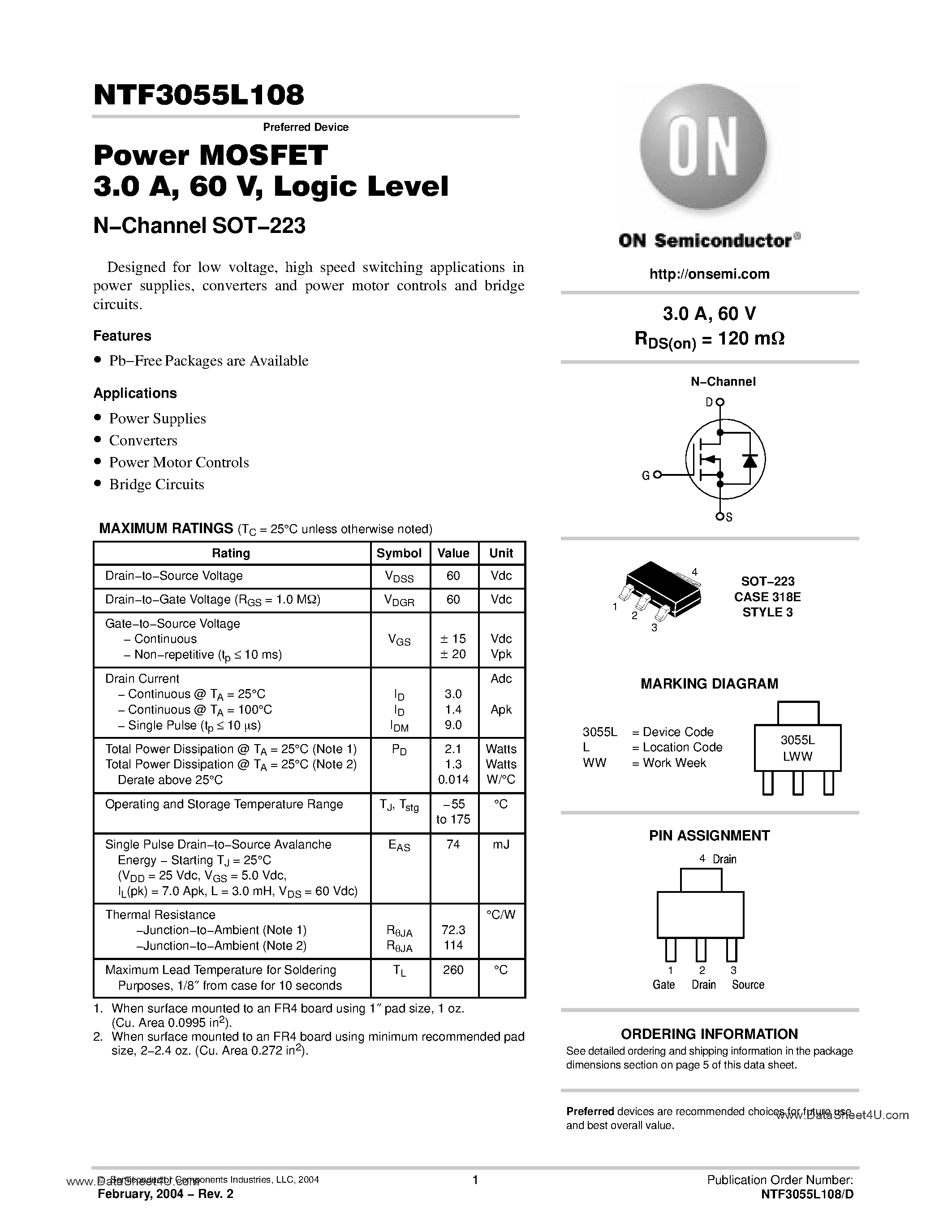 Datasheet NTF3055L108 - Power MOSFET 3 Amp page 1