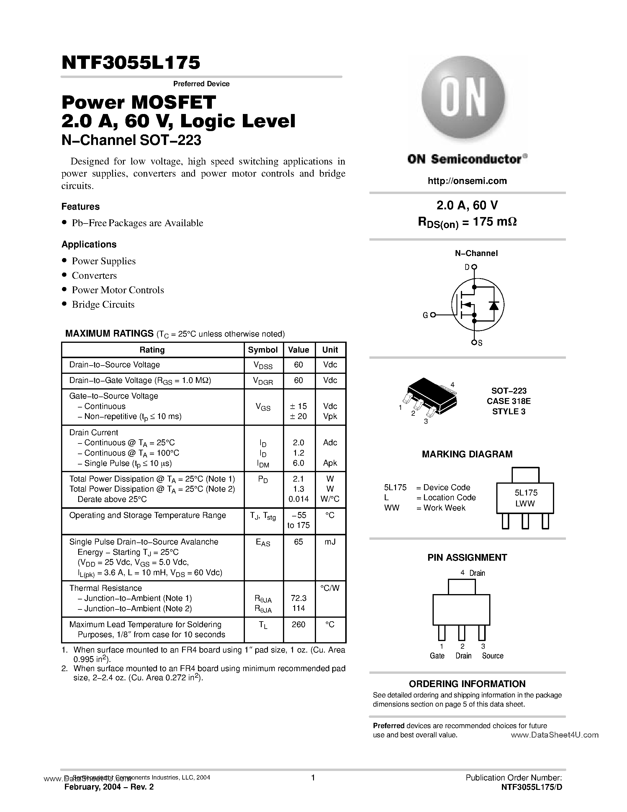Datasheet NTF3055L175 - Power MOSFET 2 Amp page 1