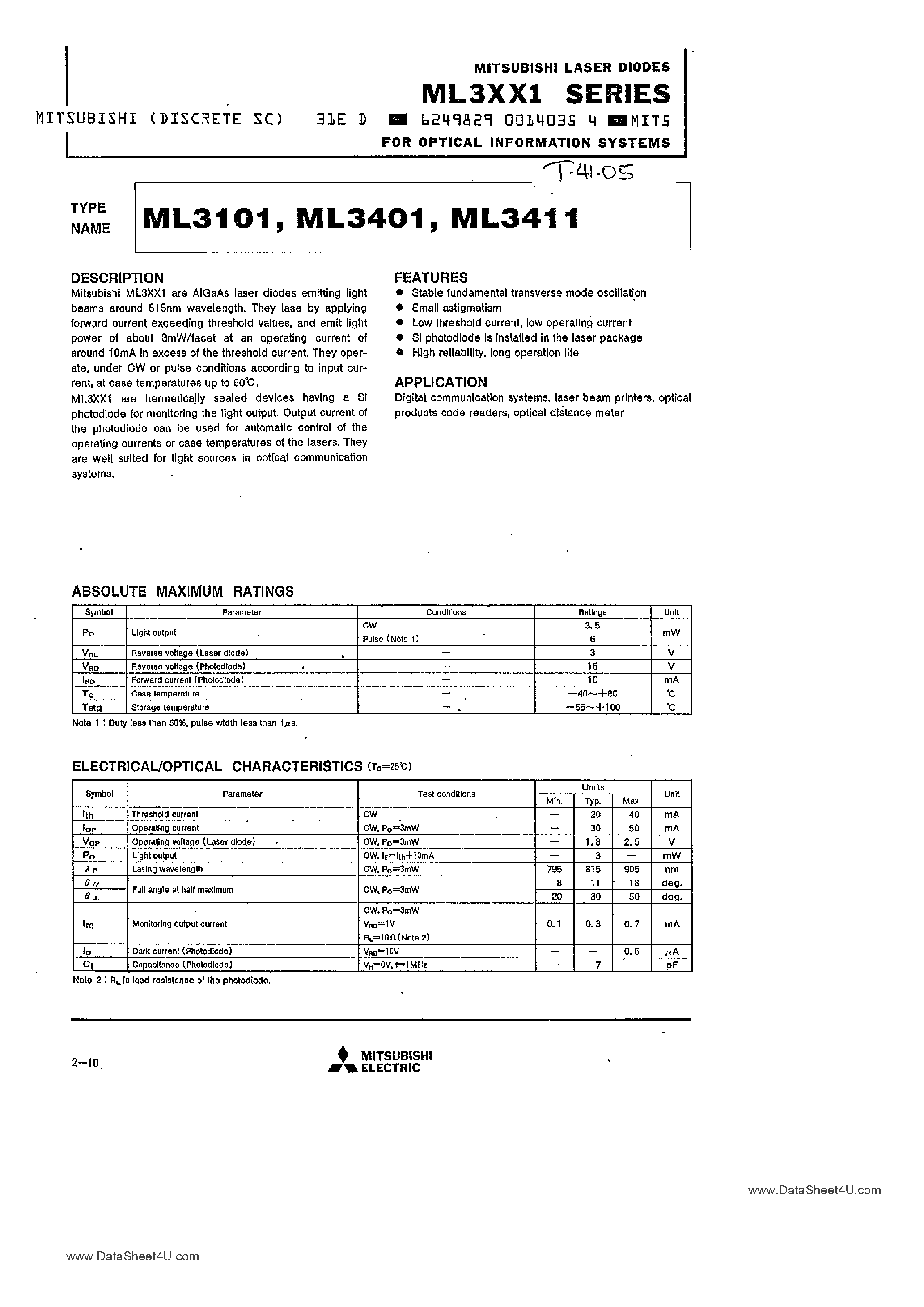 Даташит ML3101 - (ML3xx1) MITSUBISHI LASER DIODES FOR OPTICAL INFORMATION SYSTEMS страница 1