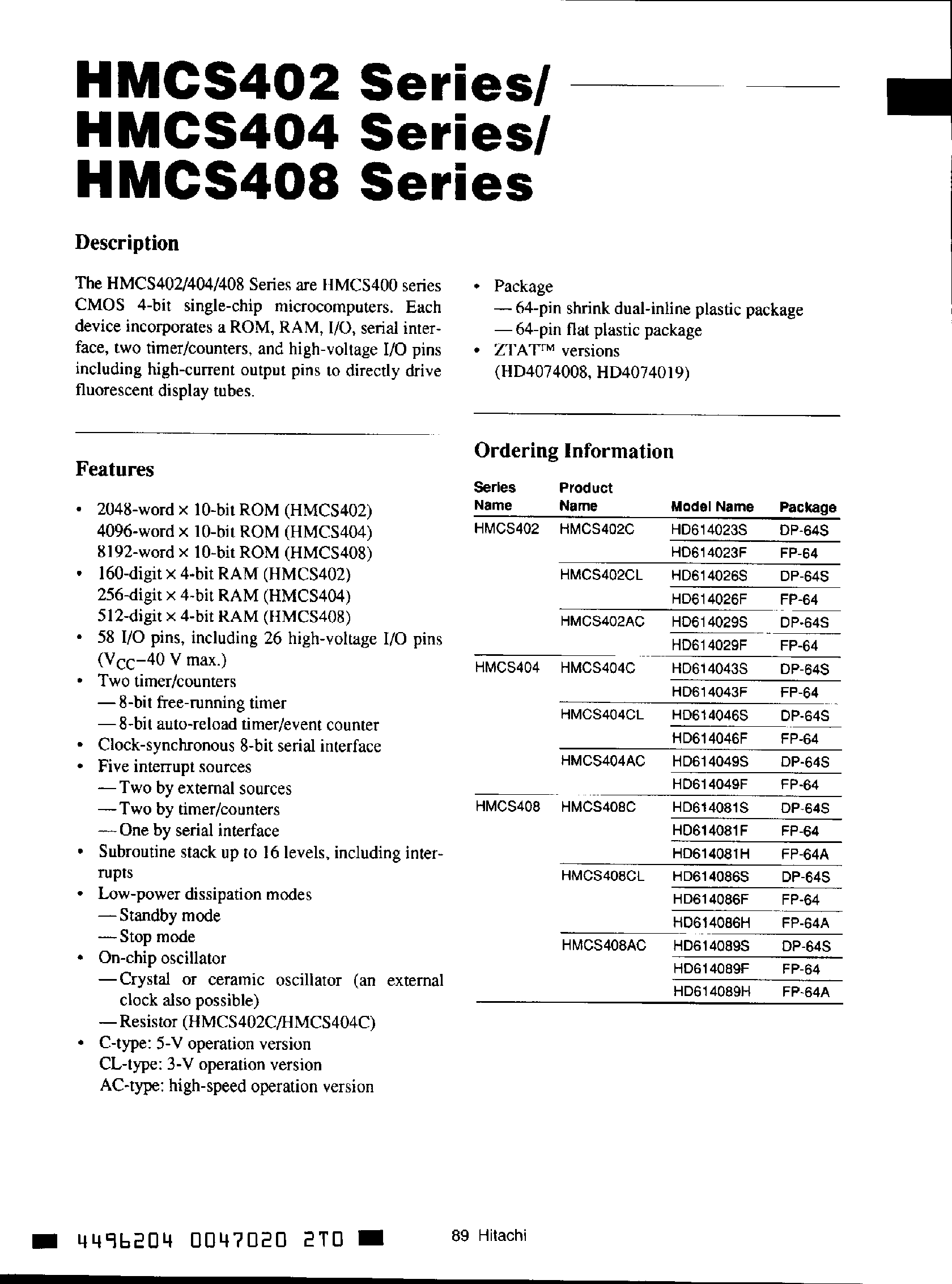 Даташит HD614089 - (HD6140xx) CMOS 4-Bit Microcomputers страница 1