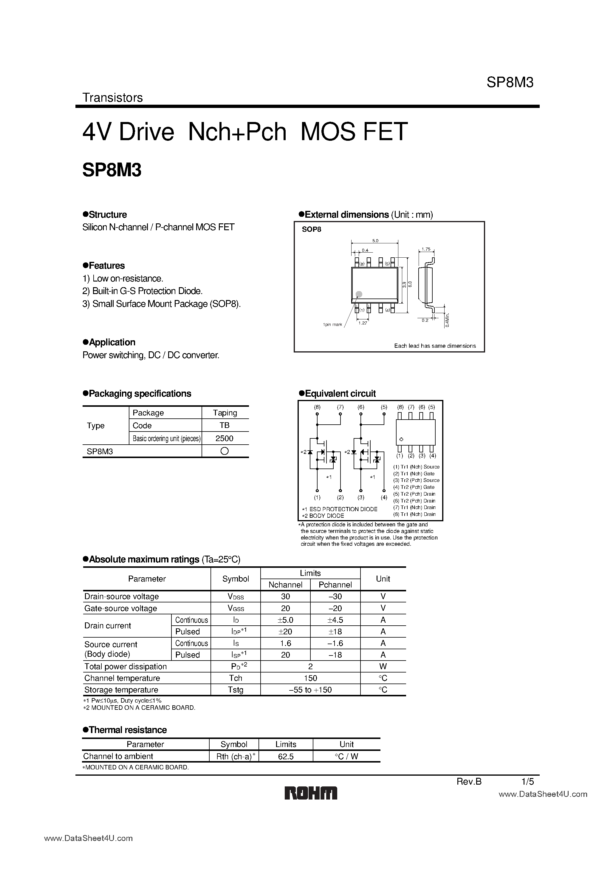Даташит на микросхему SP8M3 страница 1 Даташит SP8M3 - 4V Drive Nch + Pch MOS FET страница 1