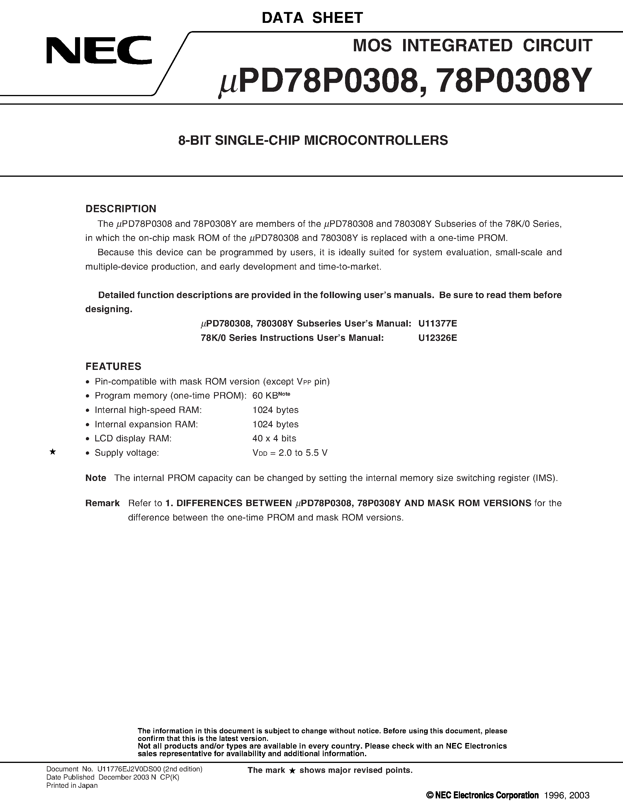 Datasheet UPD78P0308 - 8-BIT SINGLE-CHIP MICROCONTROLLER page 1