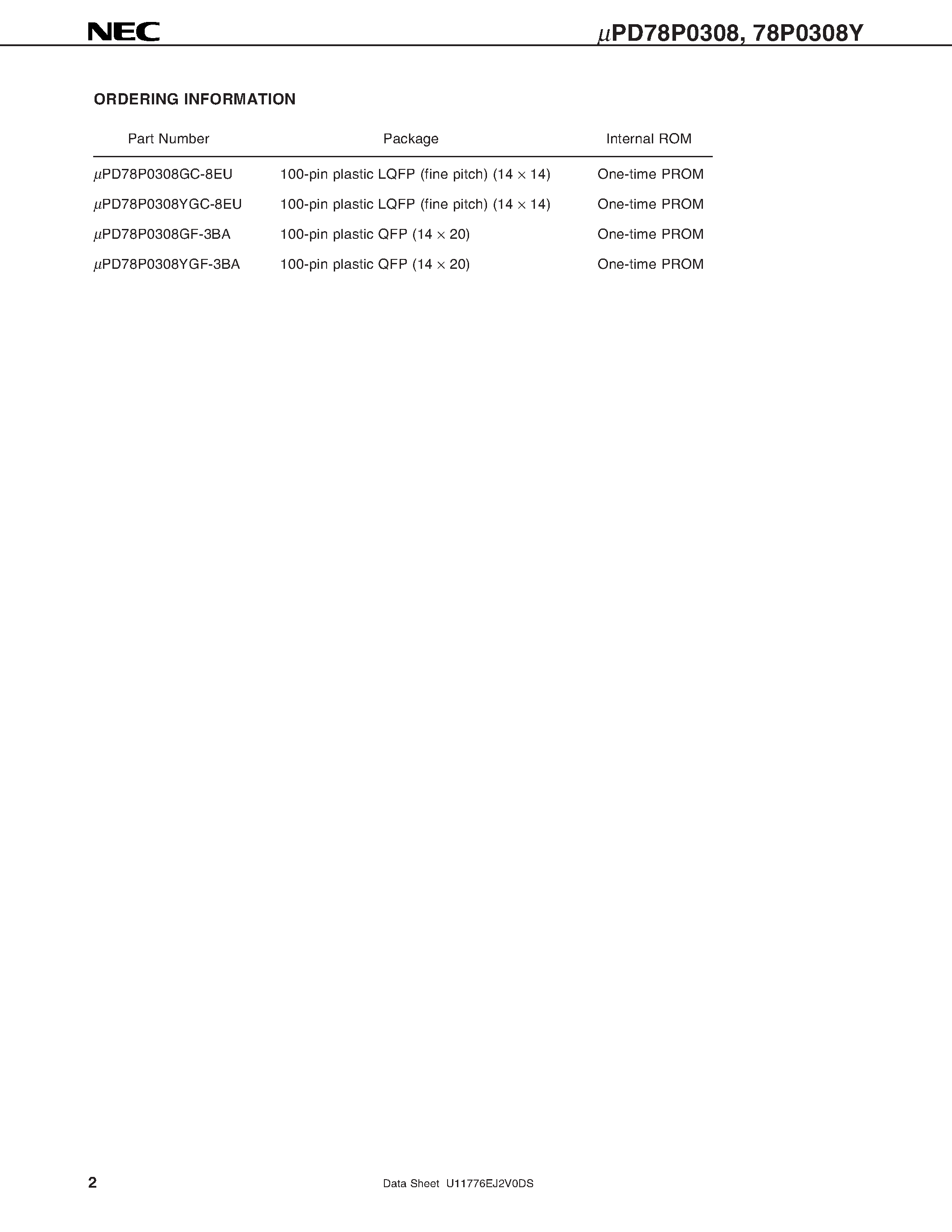 Datasheet UPD78P0308 - 8-BIT SINGLE-CHIP MICROCONTROLLER page 2