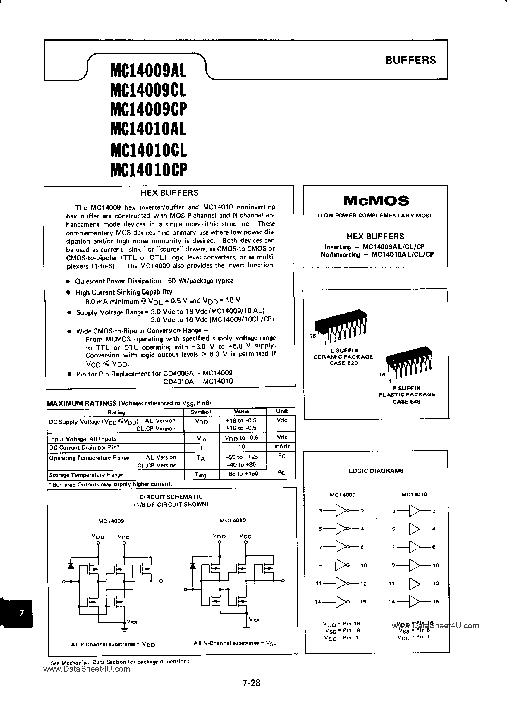 Даташит на микросхему MC14009AL страница 1 Даташит MC14009AL - (MC14009xx / MC14010xx) Buffers страница 1