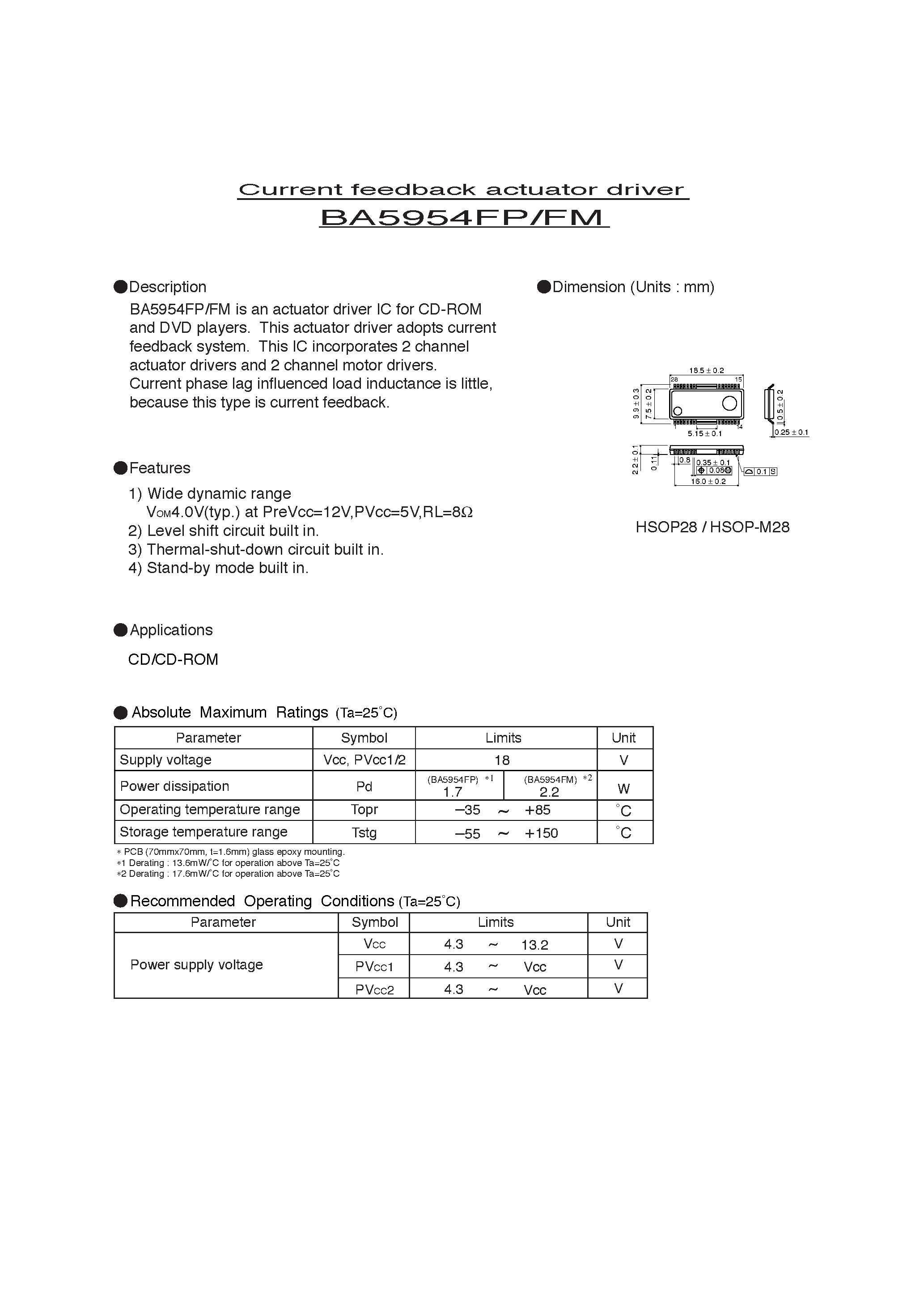Даташит BA5954FM - Current feedback actuator driver страница 1
