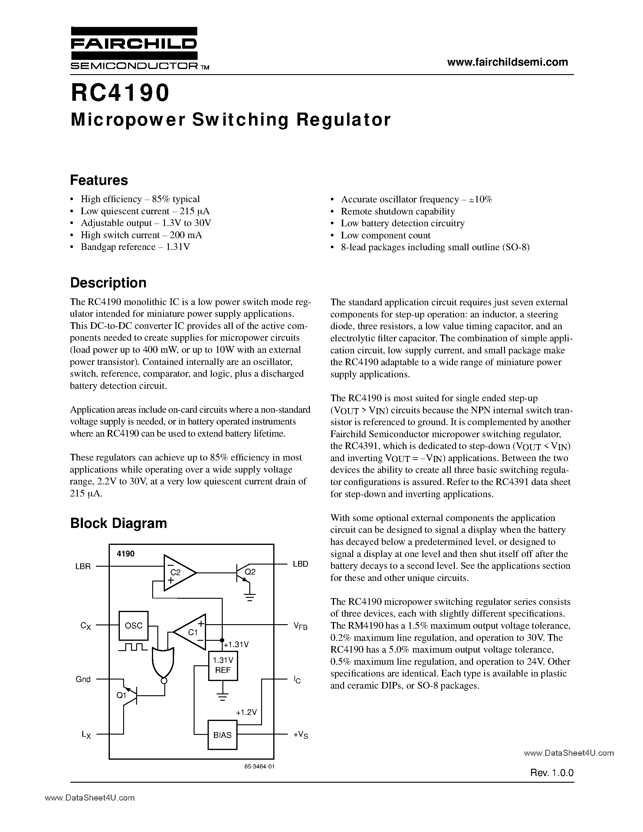 Datasheet RC4190 page 1 Datasheet RC4190 - Micropower Switching Regulator page 1