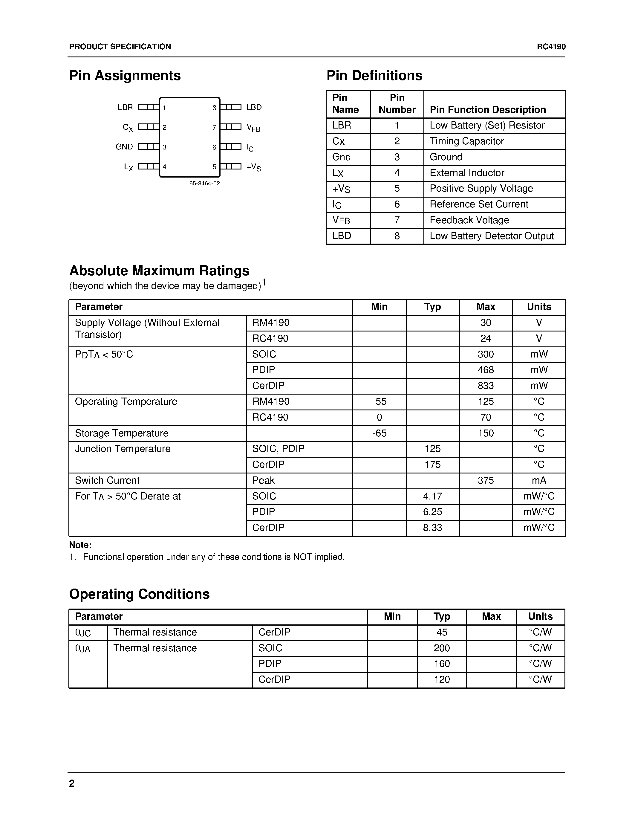 Datasheet RC4190 page 2 Datasheet RC4190 - Micropower Switching Regulator page 2