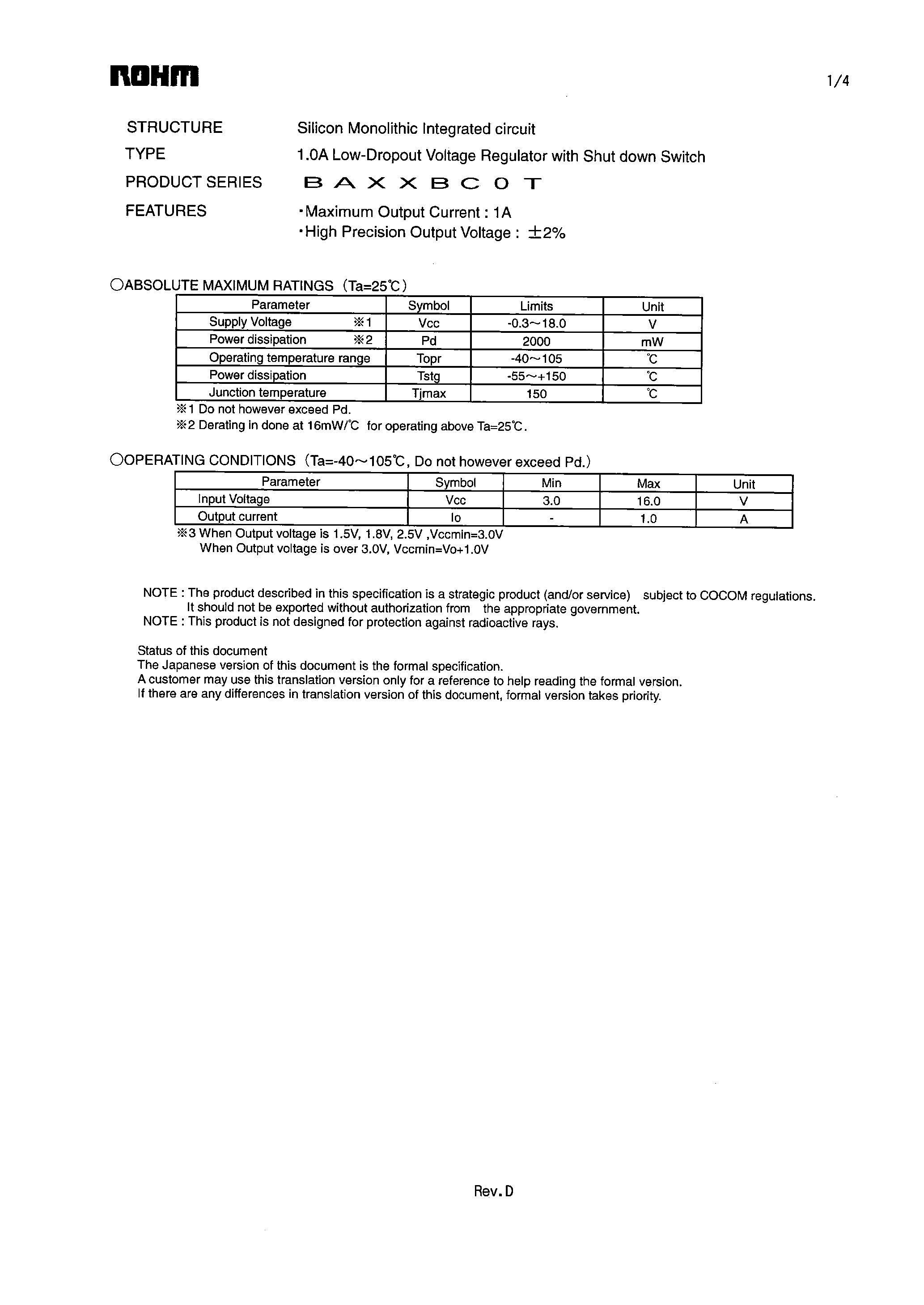 Datasheet BA15BC0T page 1 Datasheet BA15BC0T - (BAxxBC0T) 1.0A Low-Dropout Voltage Regulator with Shut down Switch page 1