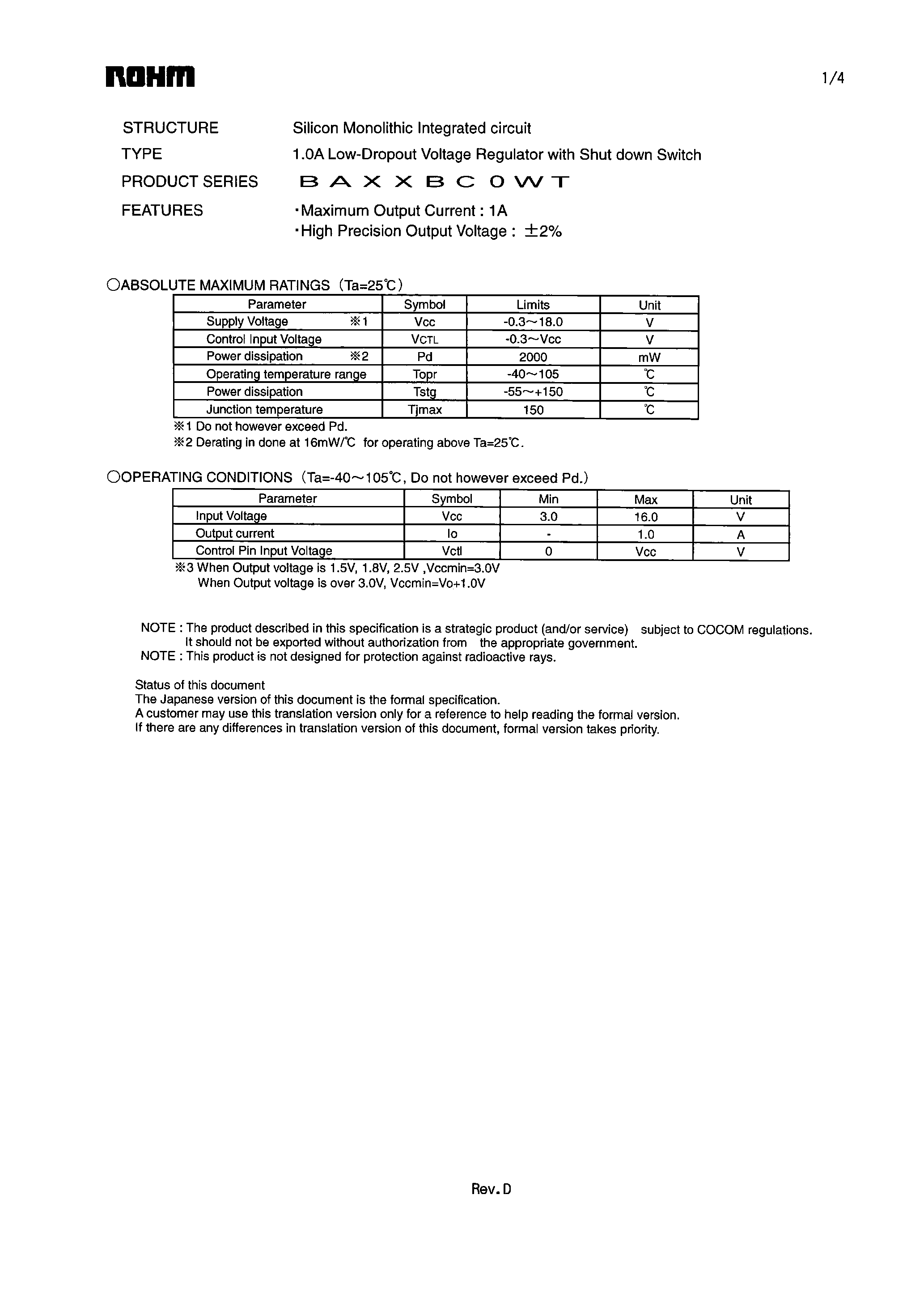 Даташит на микросхему BA15BC0WT страница 1 Даташит BA15BC0WT - (BAxxBC0WT) 1.0A Low-Dropout Voltage Regulator with Shut down Switch страница 1
