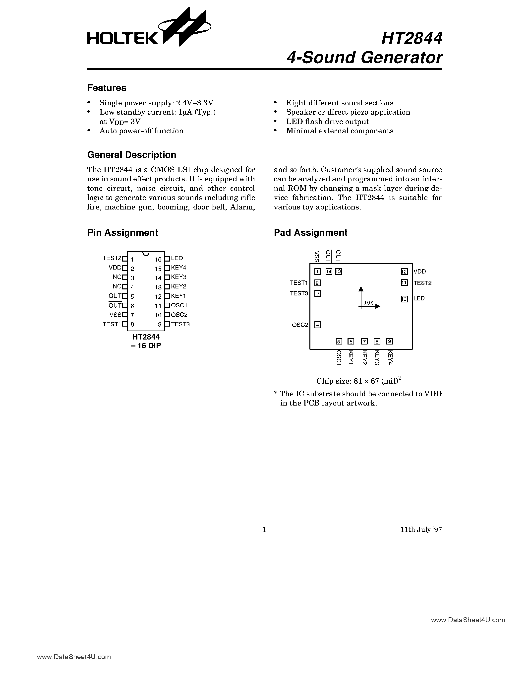 Даташит HT2844 - 4-Sound Generator страница 1