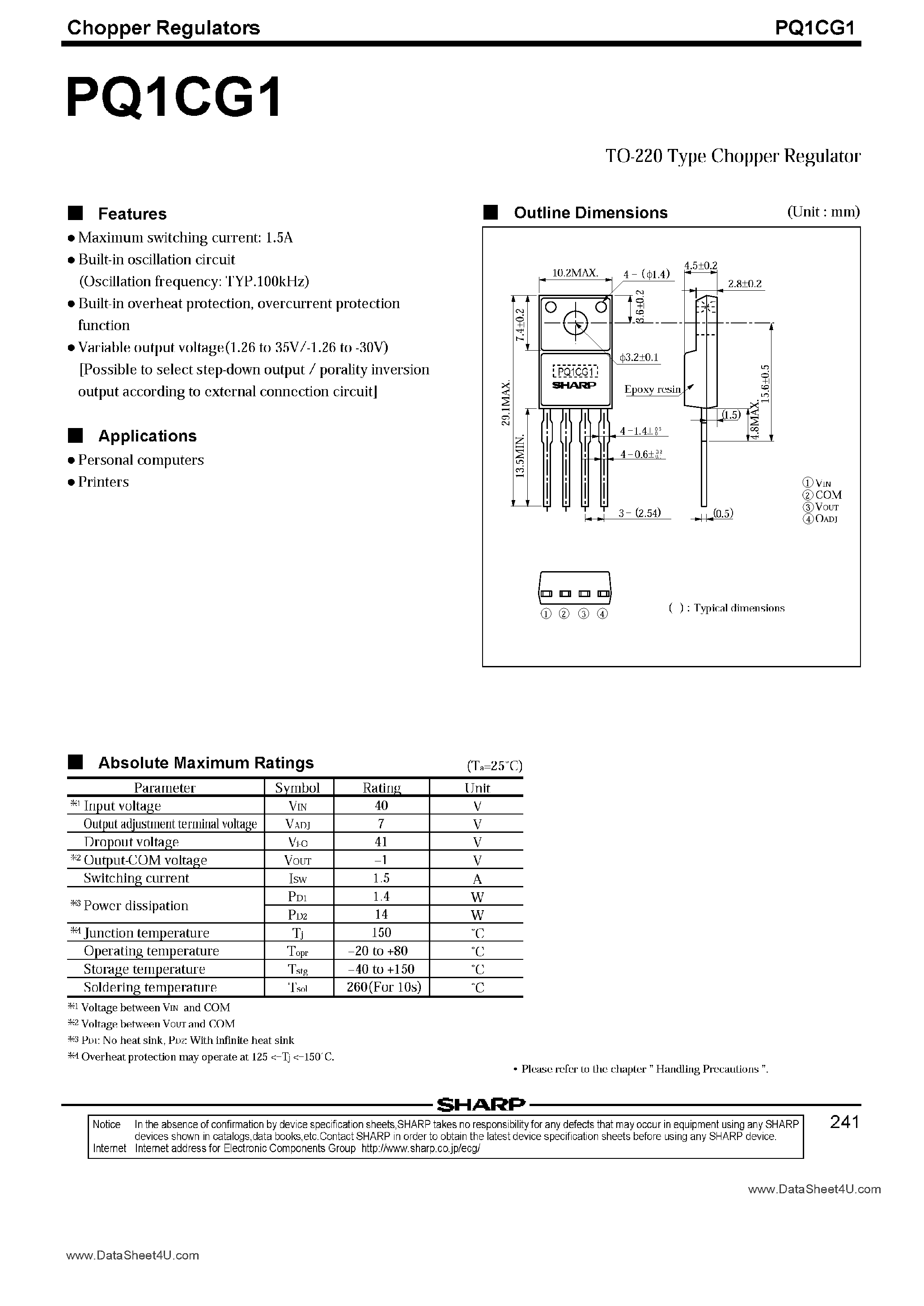 Datasheet PQ1CG1 - Chopper Regulator in a TO-220 Package page 1