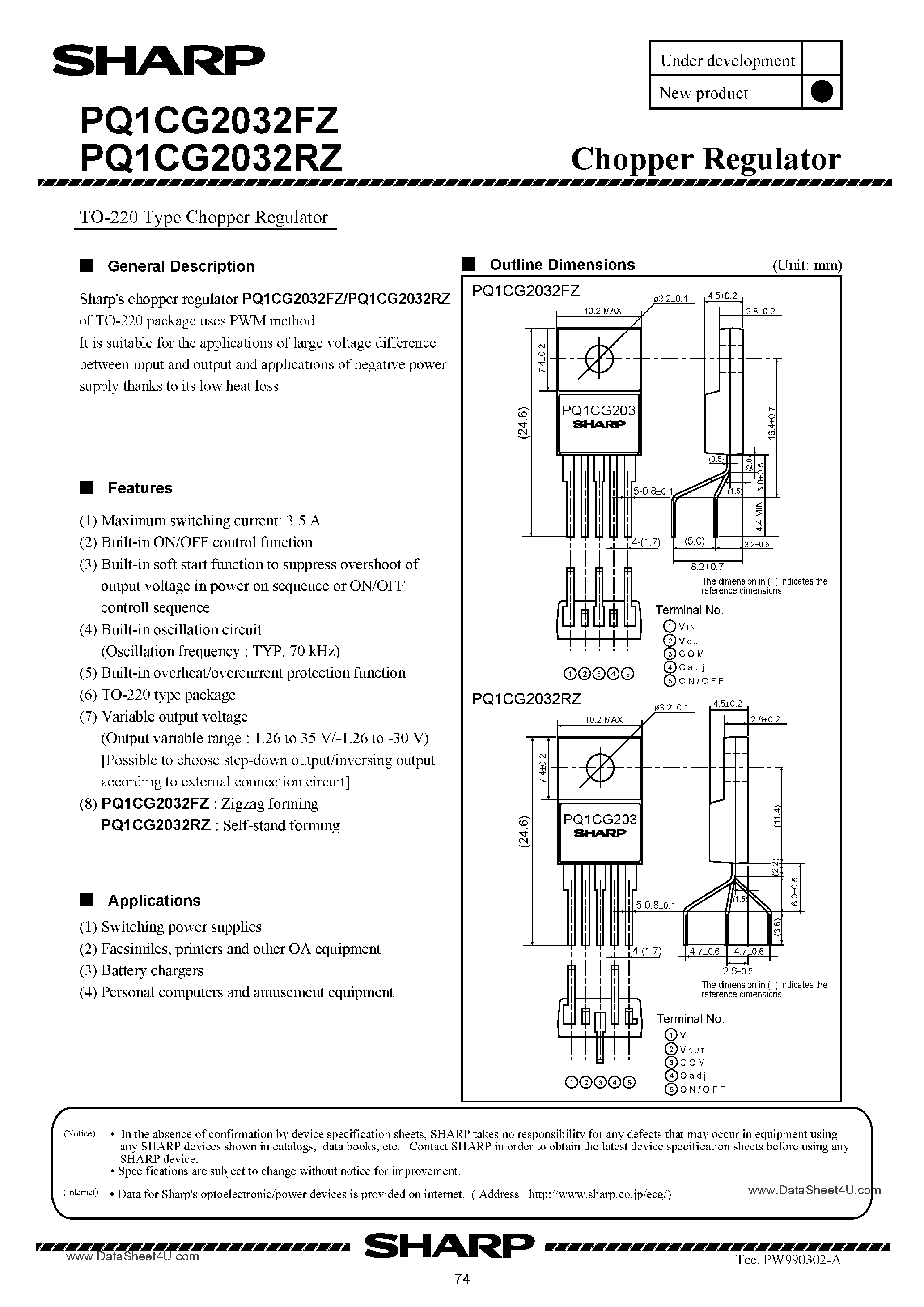 Datasheet PQ1CG2032FZ - (PQ1CG2032FZ / PQ1CG2032RZ) Chopper Regulator in a TO-220 Package page 1