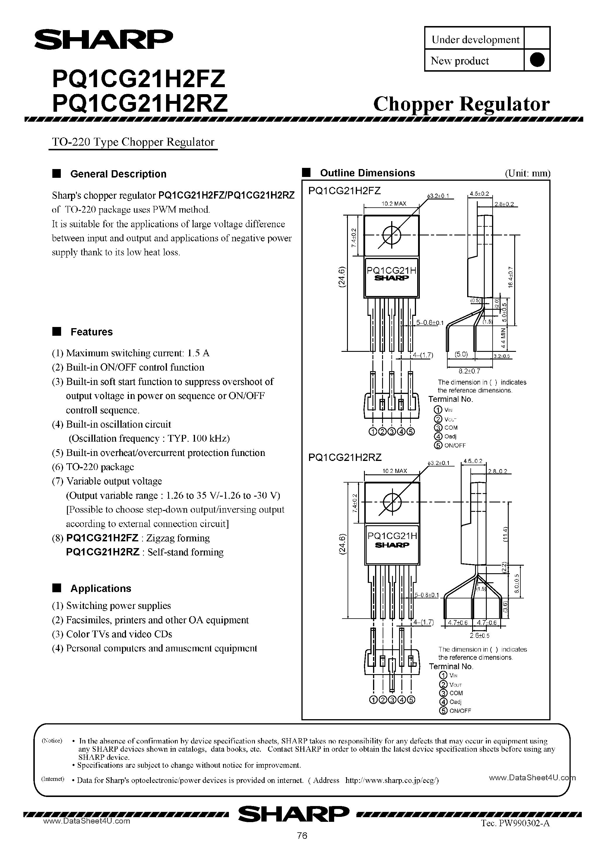 Datasheet PQ1CG21H2FZ - (PQ1CG21H2FZ / PQ1CG21H2RZ) Chopper Regulator in a TO-220 Package page 1