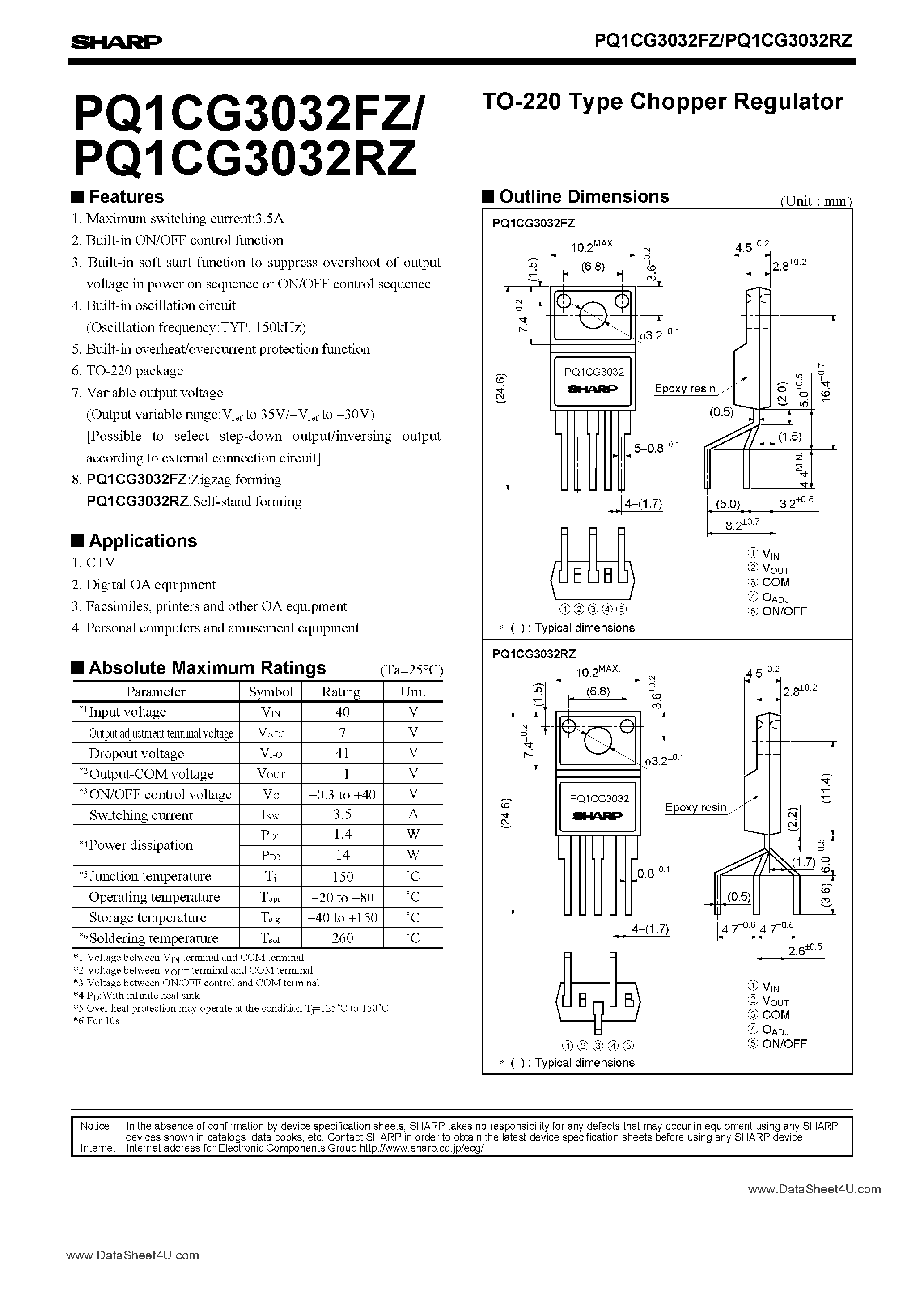 Datasheet PQ1CG3032FZ - (PQ1CG3032FZ / PQ1CG3032RZ) Chopper Regulator in a TO-220 Package page 1