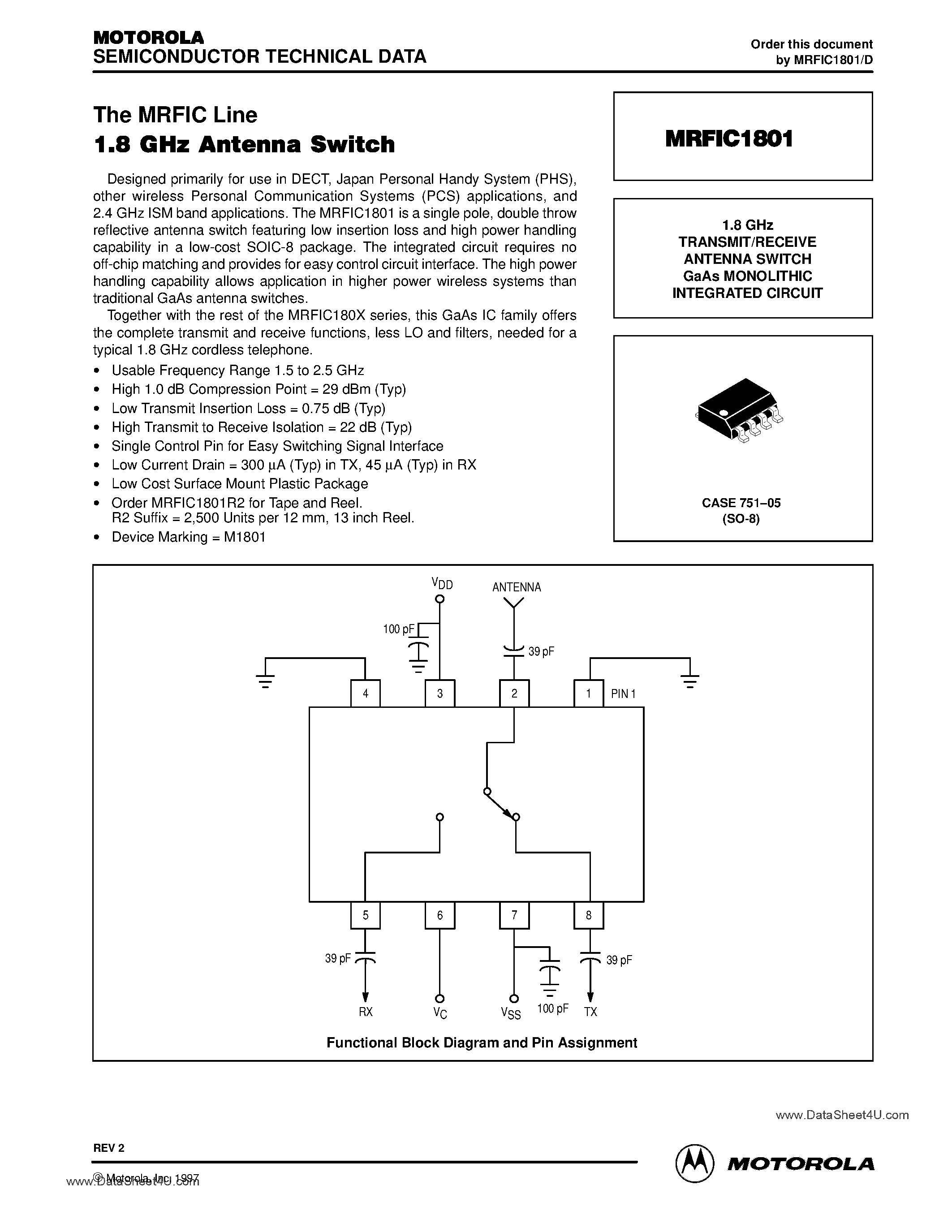 Datasheet MRFIC1801 - 1.8 GHz TRANSMIT/RECEIVE ANTENNA SWITCH GaAs MONOLITHIC INTEGRATED CIRCUIT page 1