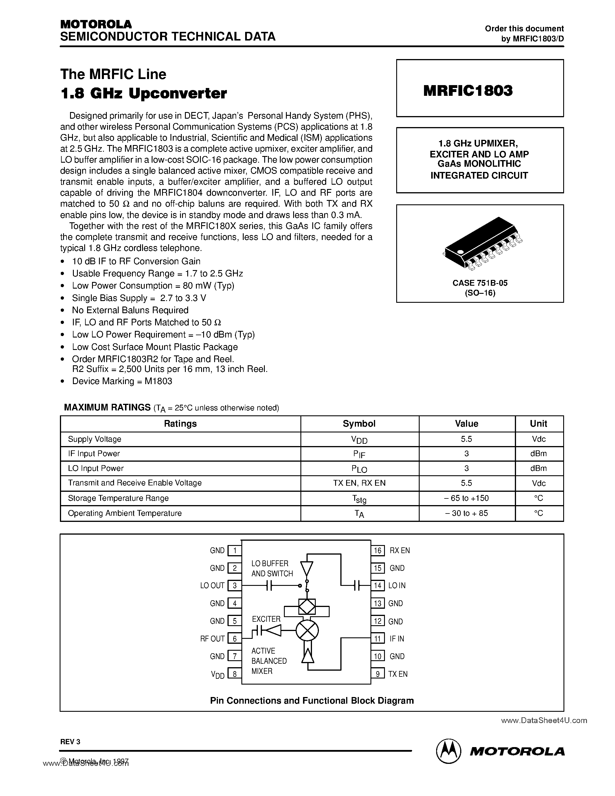 Datasheet MRFIC1803 - 1.8 GHz UPMIXER / EXCITER AND LO AMP GaAs MONOLITHIC INTEGRATED CIRCUIT page 1