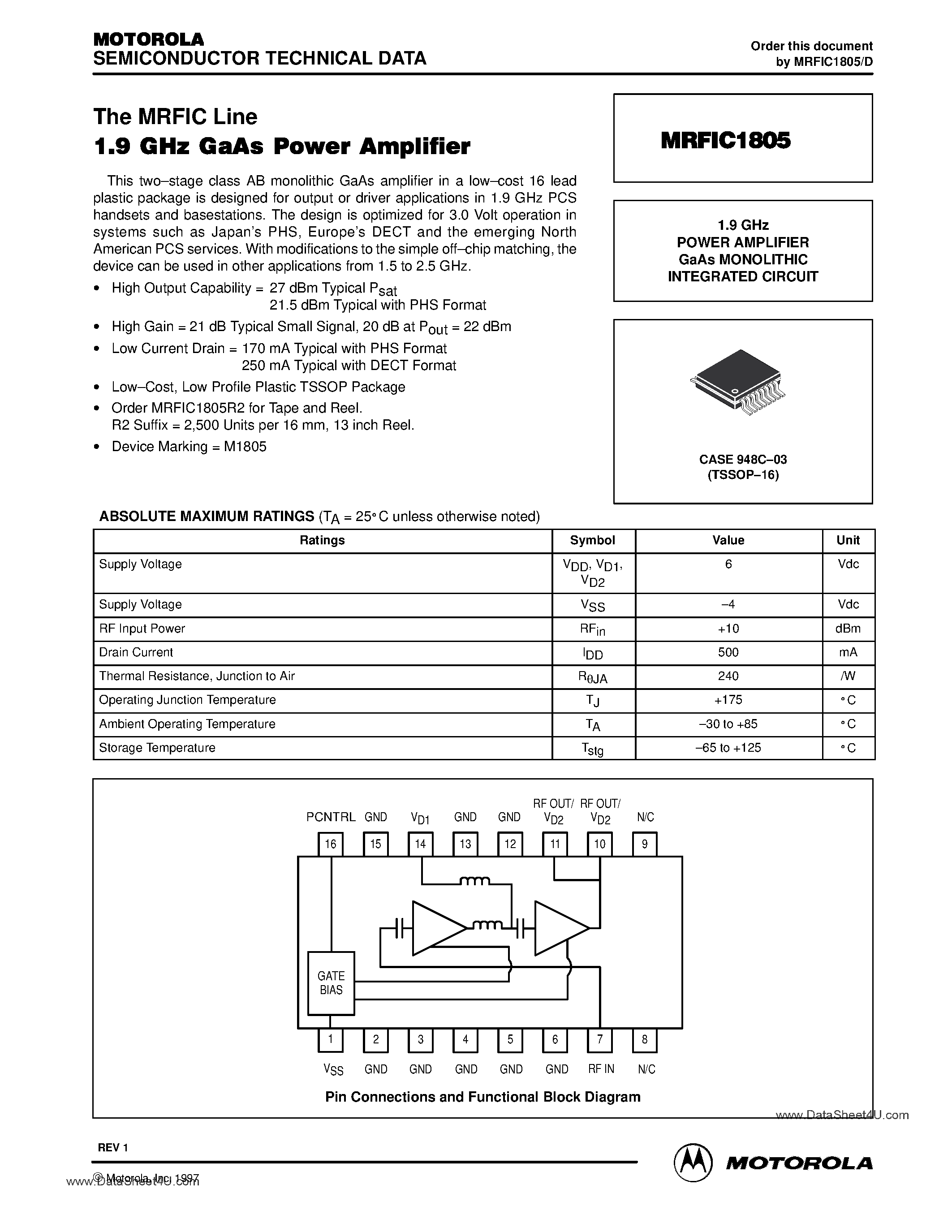 Datasheet MRFIC1805 - 1.9 GHz POWER AMPLIFIER GaAs MONOLITHIC INTEGRATED CIRCUIT page 1